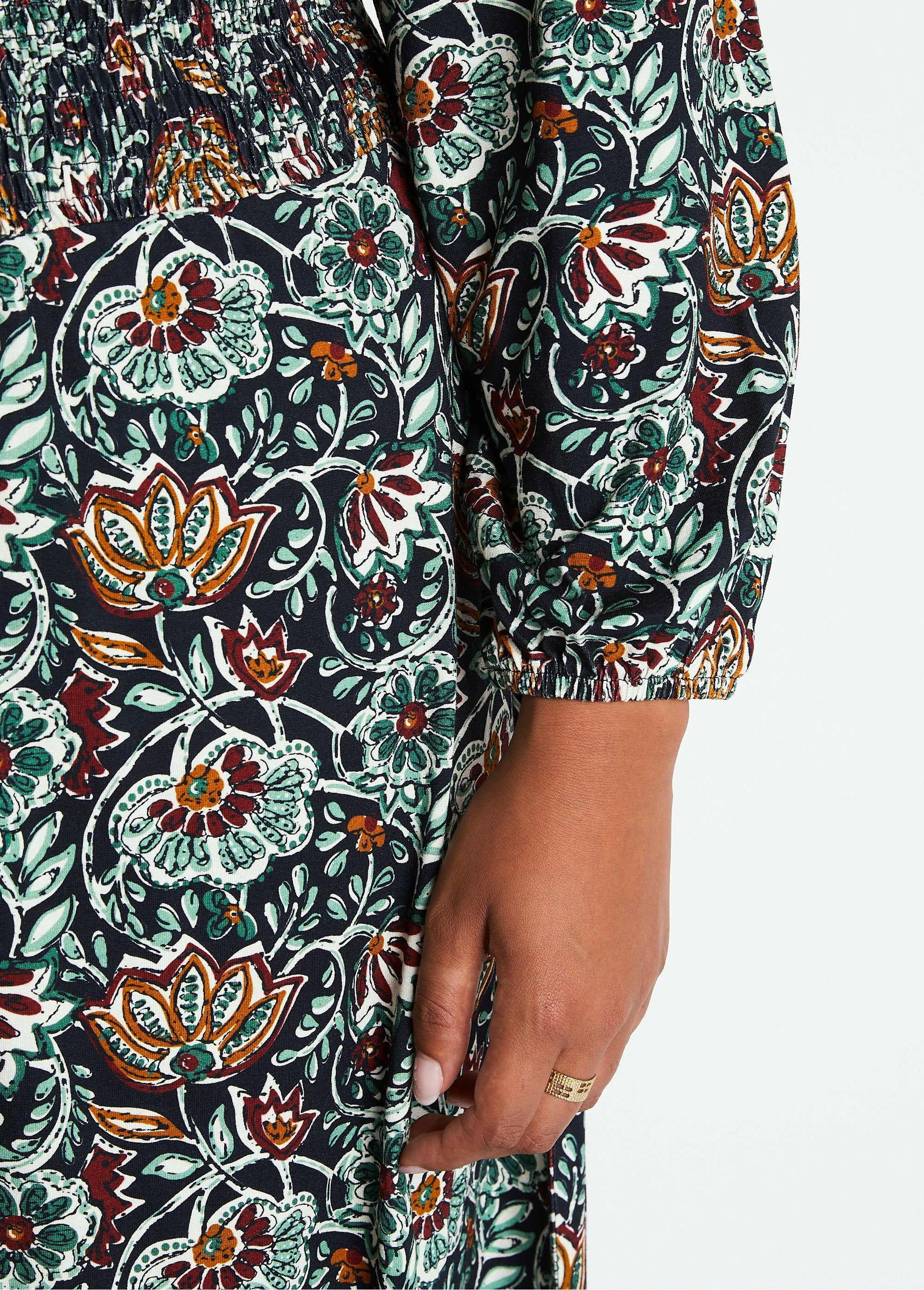 Robe_courte_smockée_maille_imprimé_fleuri_Imprime_vert_DE2_curvy