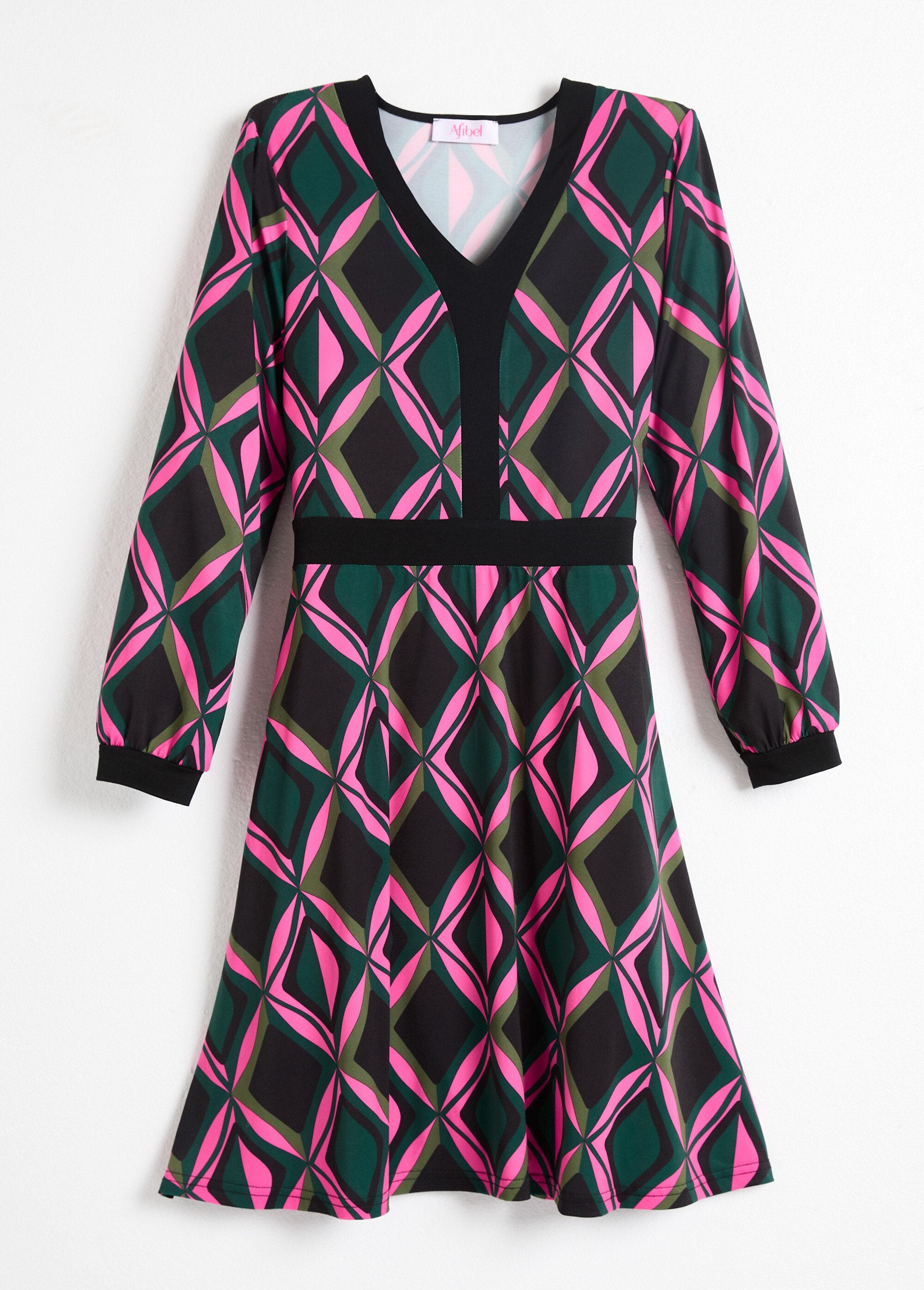 V-hals_grafische_korte_uitlopende_jurk_Rose_et_vert_AP1_slim