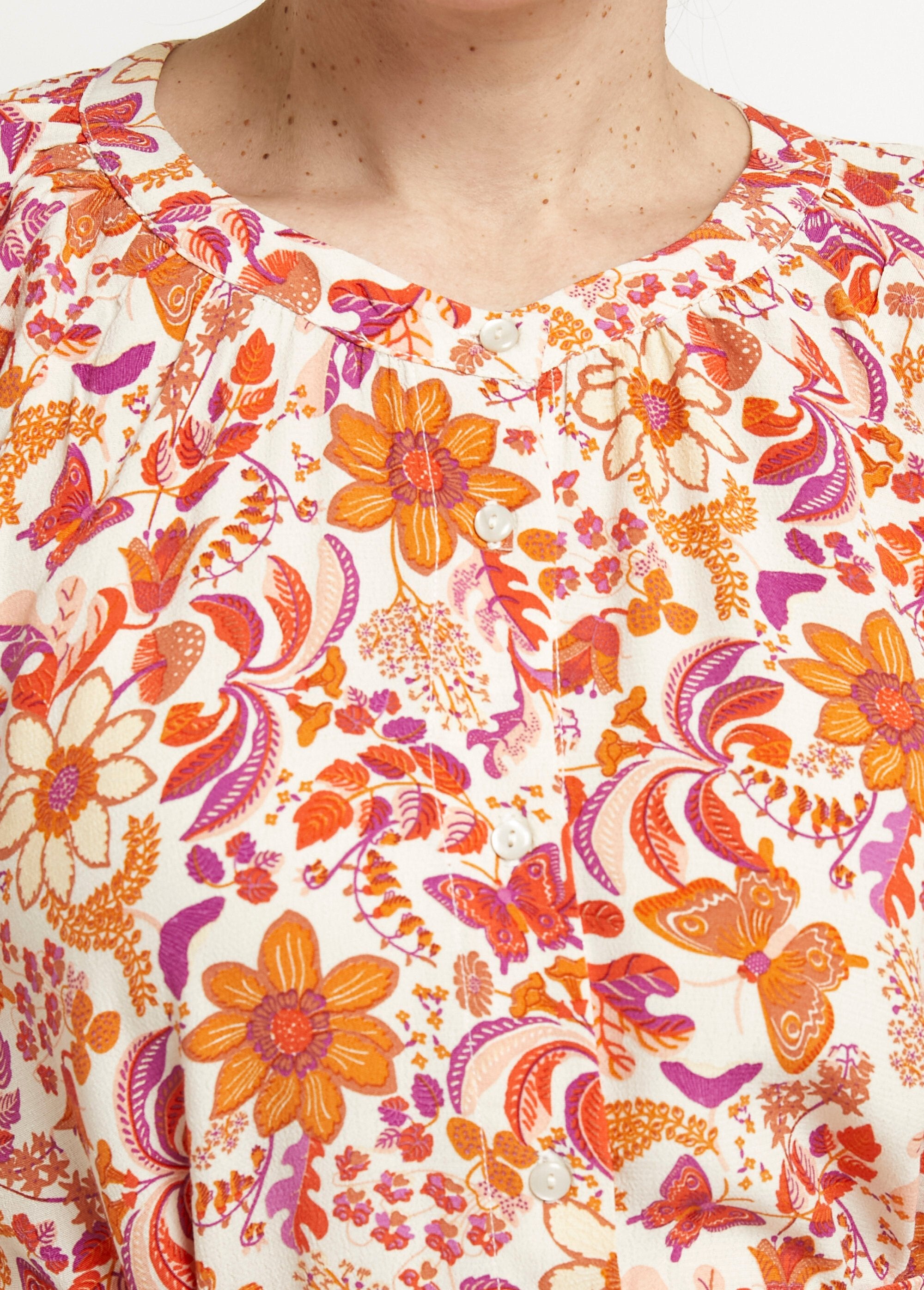 Robe_longue_boutonnée_avec_manches_3/4_Orange_imprime_DE1_slim
