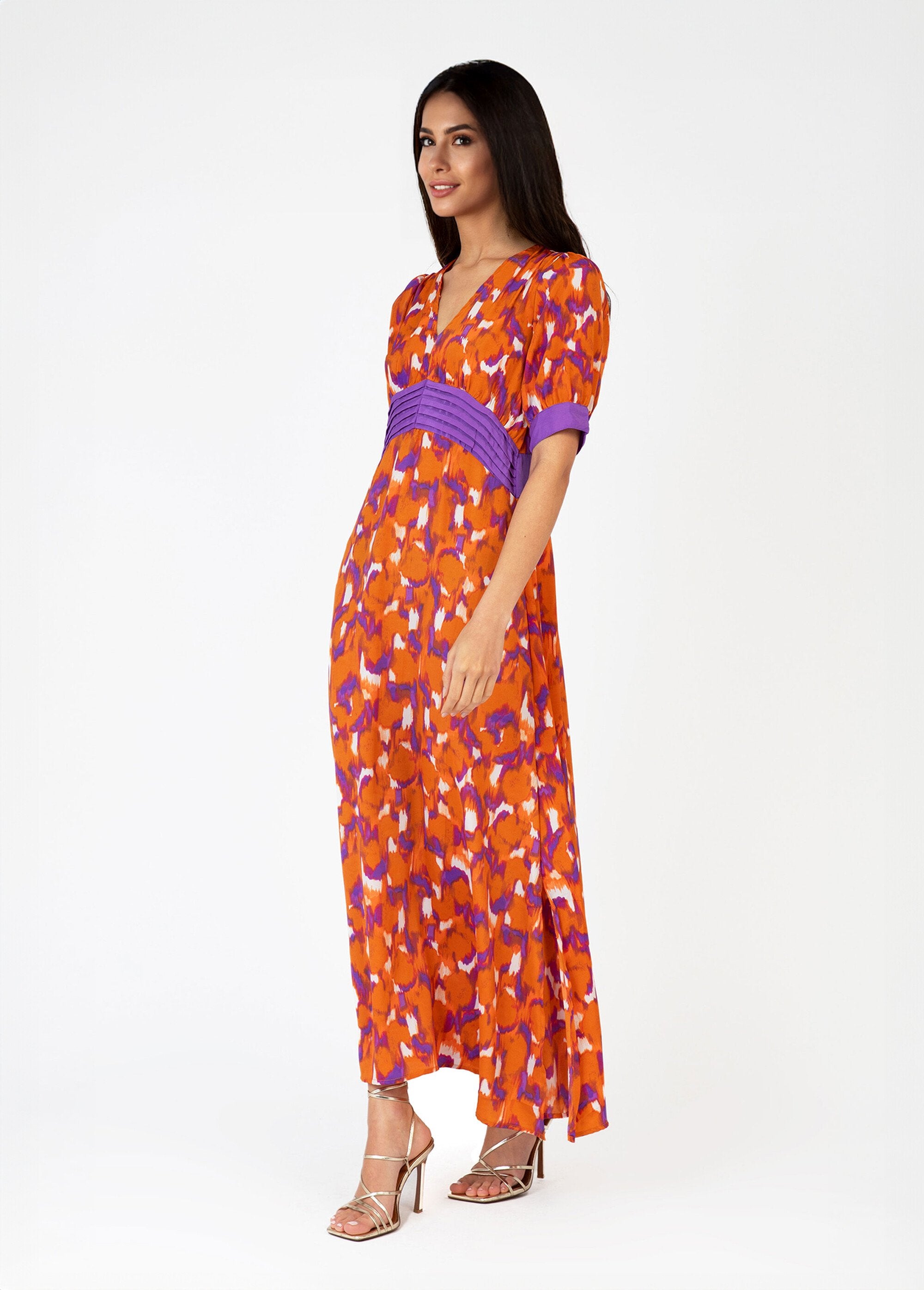 Robe_longue_imprimée_taille_plissée_Orange_imprime_GA1_slim