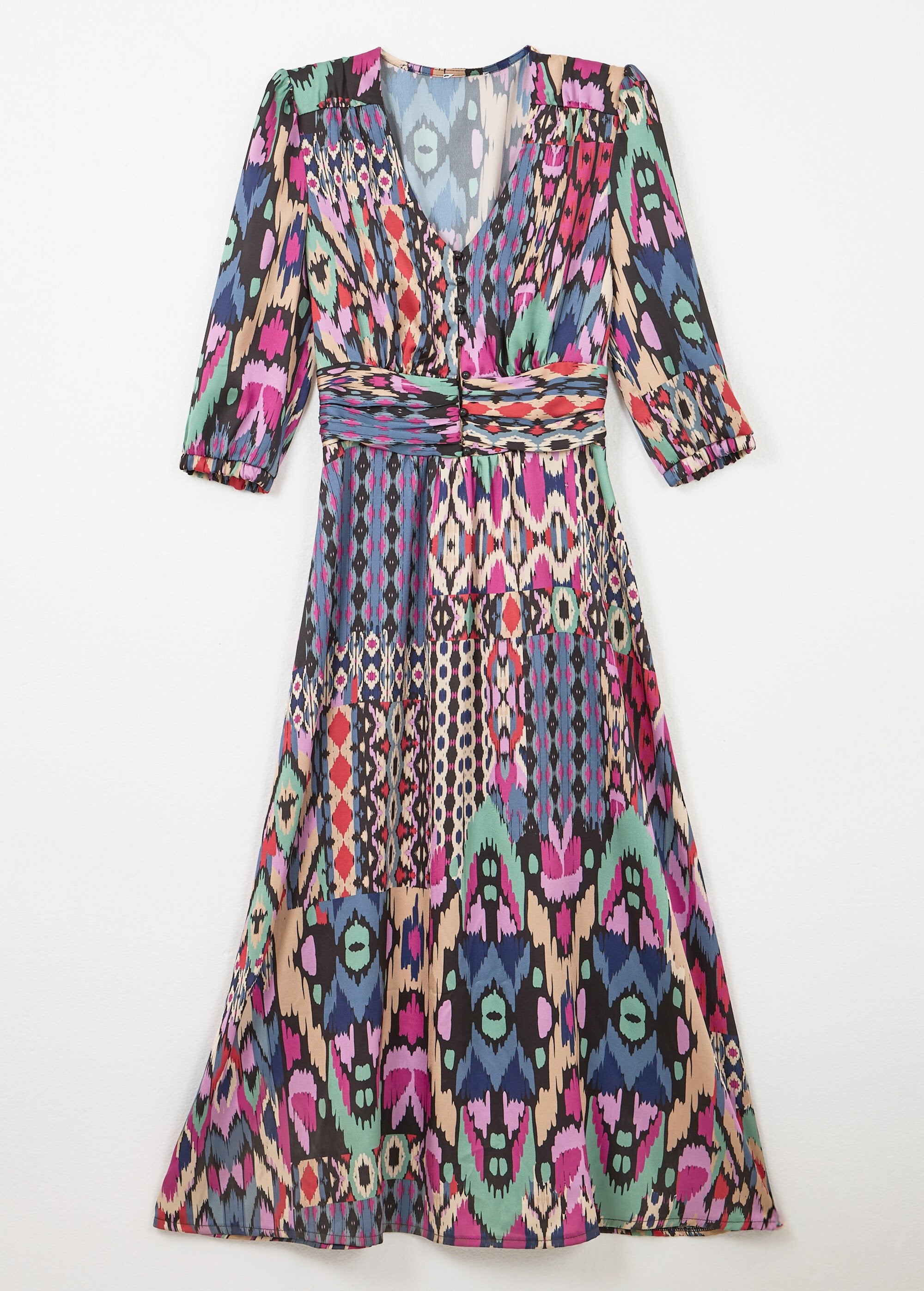 Robe_longue_satin_imprimé_ethnique_manches_3/4_Multicolore_AP1_slim