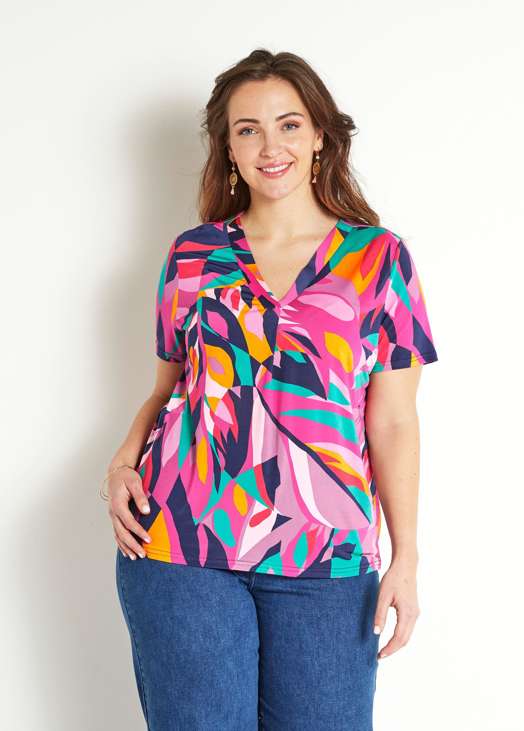 T-shirt_ample_col_V_manches_courtes_imprimé_Multicolore_FA1_curvy