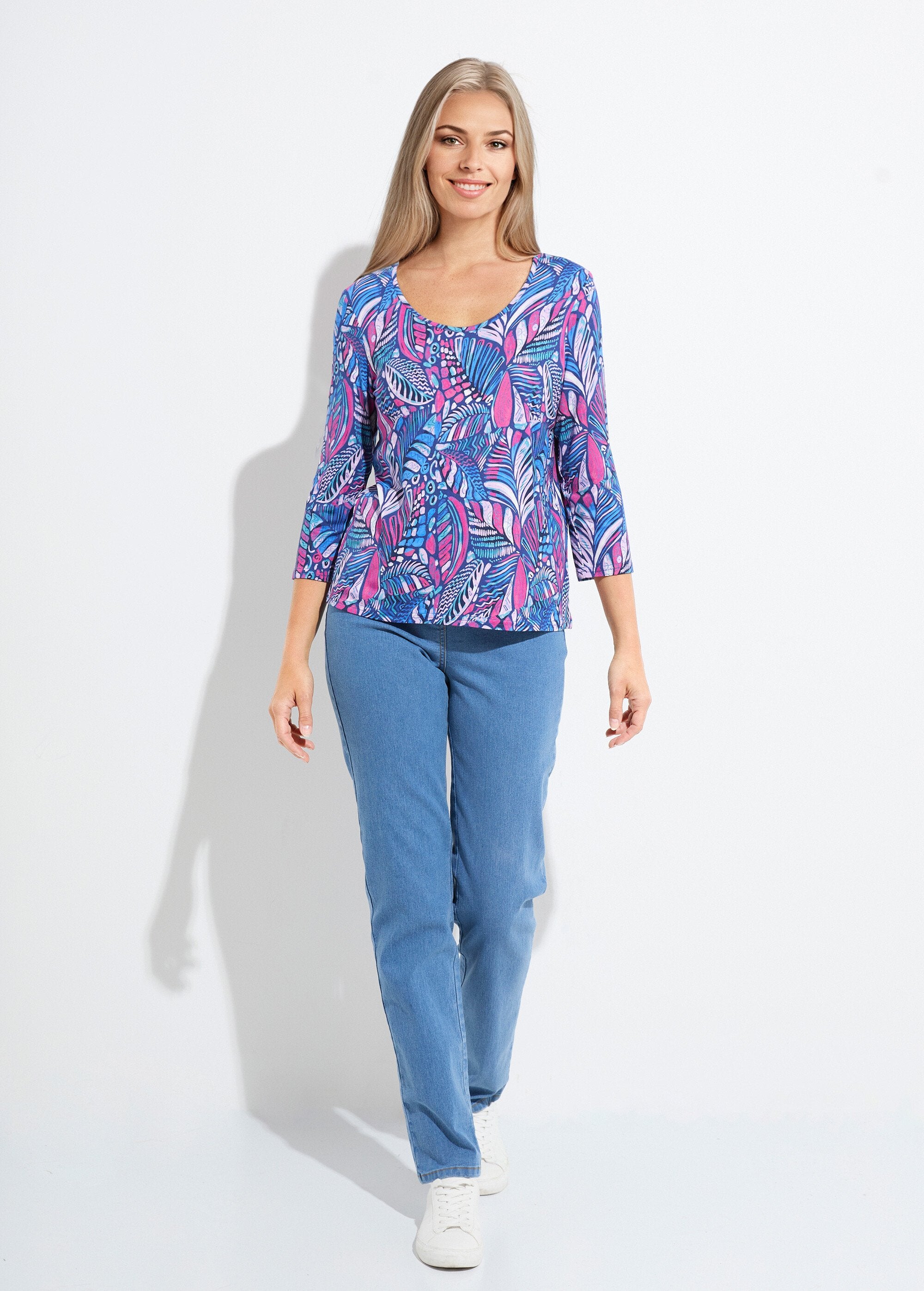 T-shirt_col_rond_imprimé_patchwork_Bleu_et_rose_SF1_slim