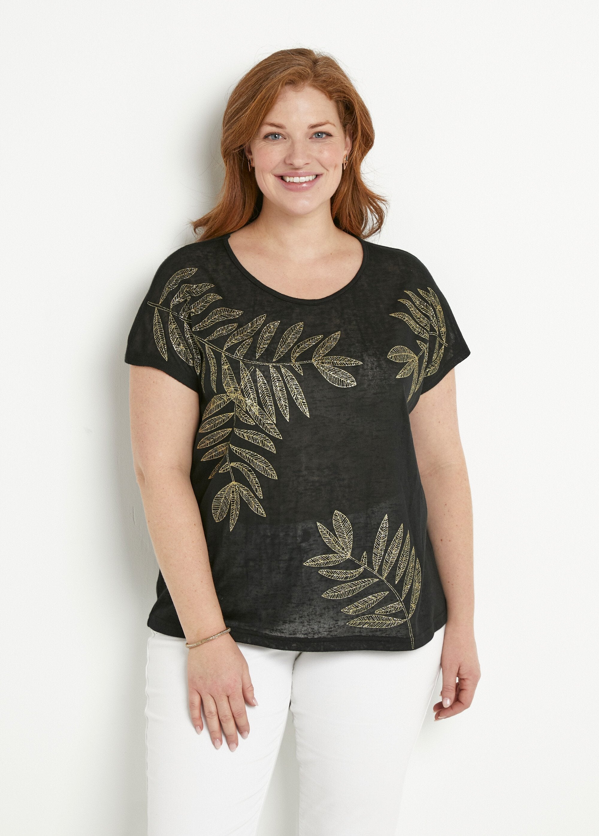 T-shirt_col_rond_maille_flammée_motif_doré_Noir_FA1_curvy