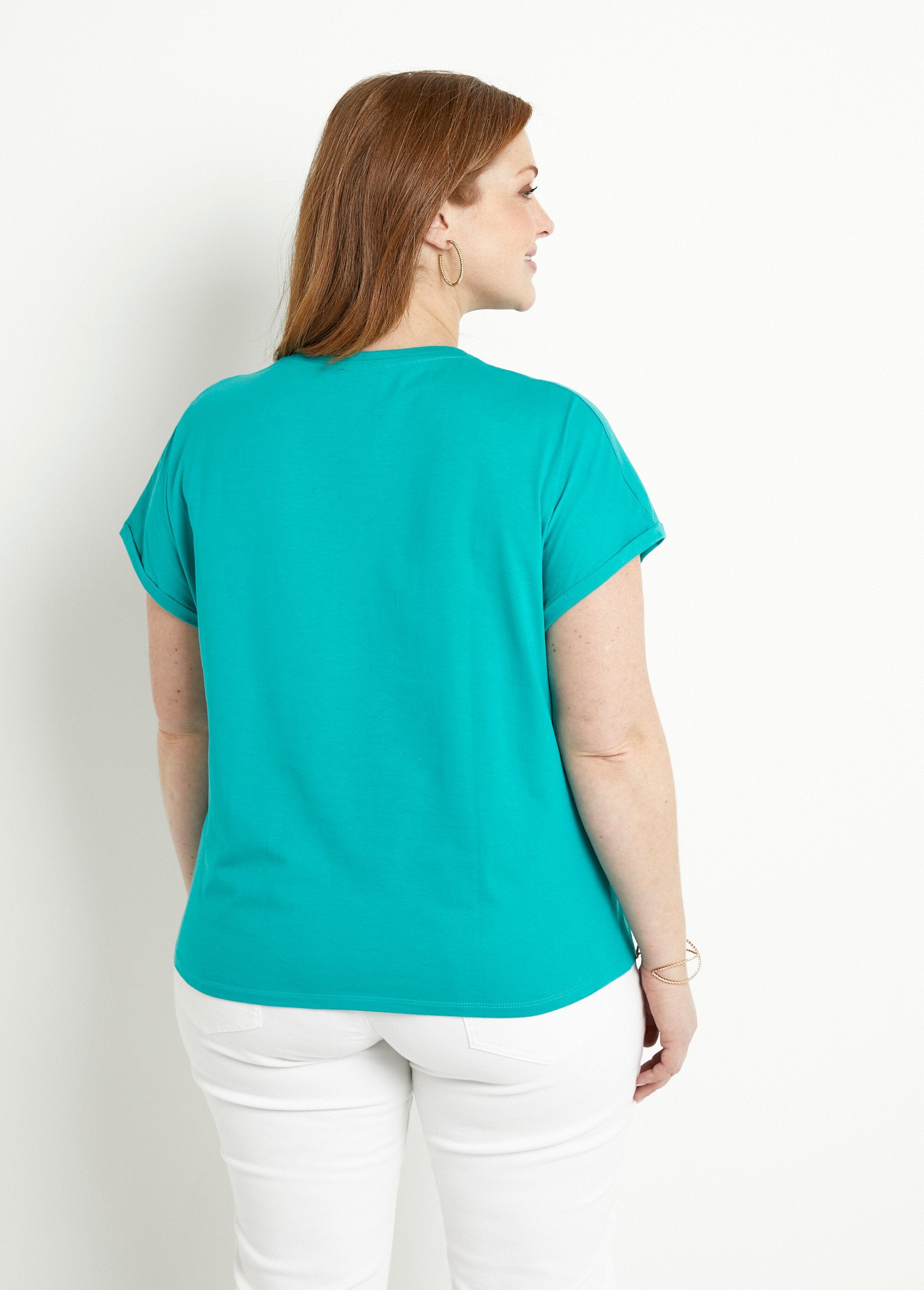Effen_katoenen_T-shirt_met_pailletten,_korte_mouwen_Turquoise_DO1_curvy