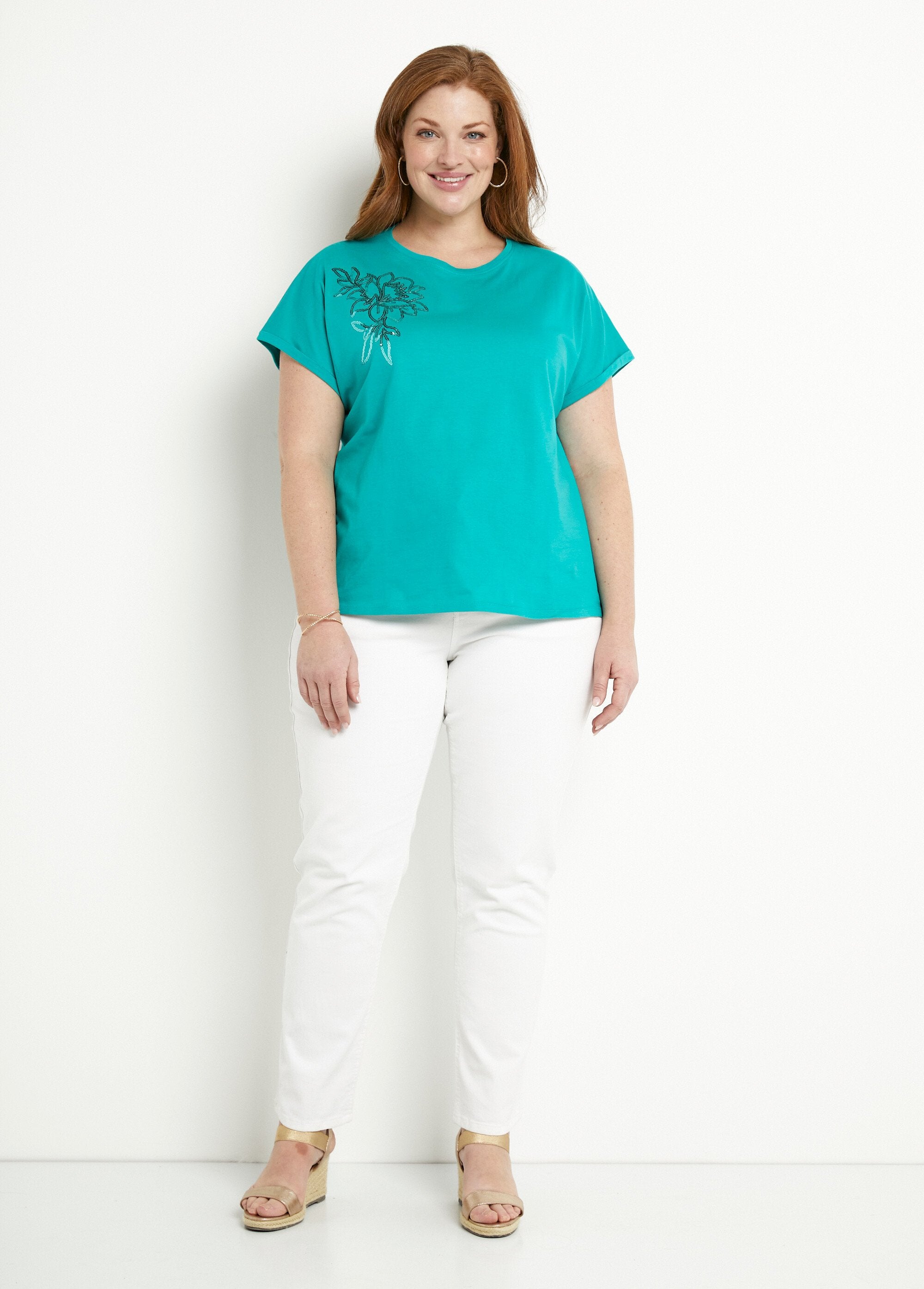 Effen_katoenen_T-shirt_met_pailletten,_korte_mouwen_Turquoise_SF1_curvy