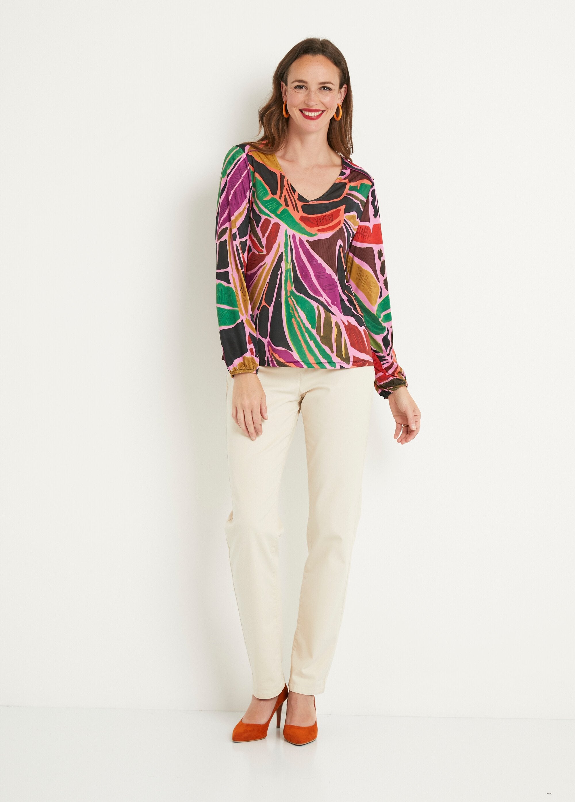 T-shirt_court_fluide_imprimé_graphique_col_V_Multicolore_SF1_slim