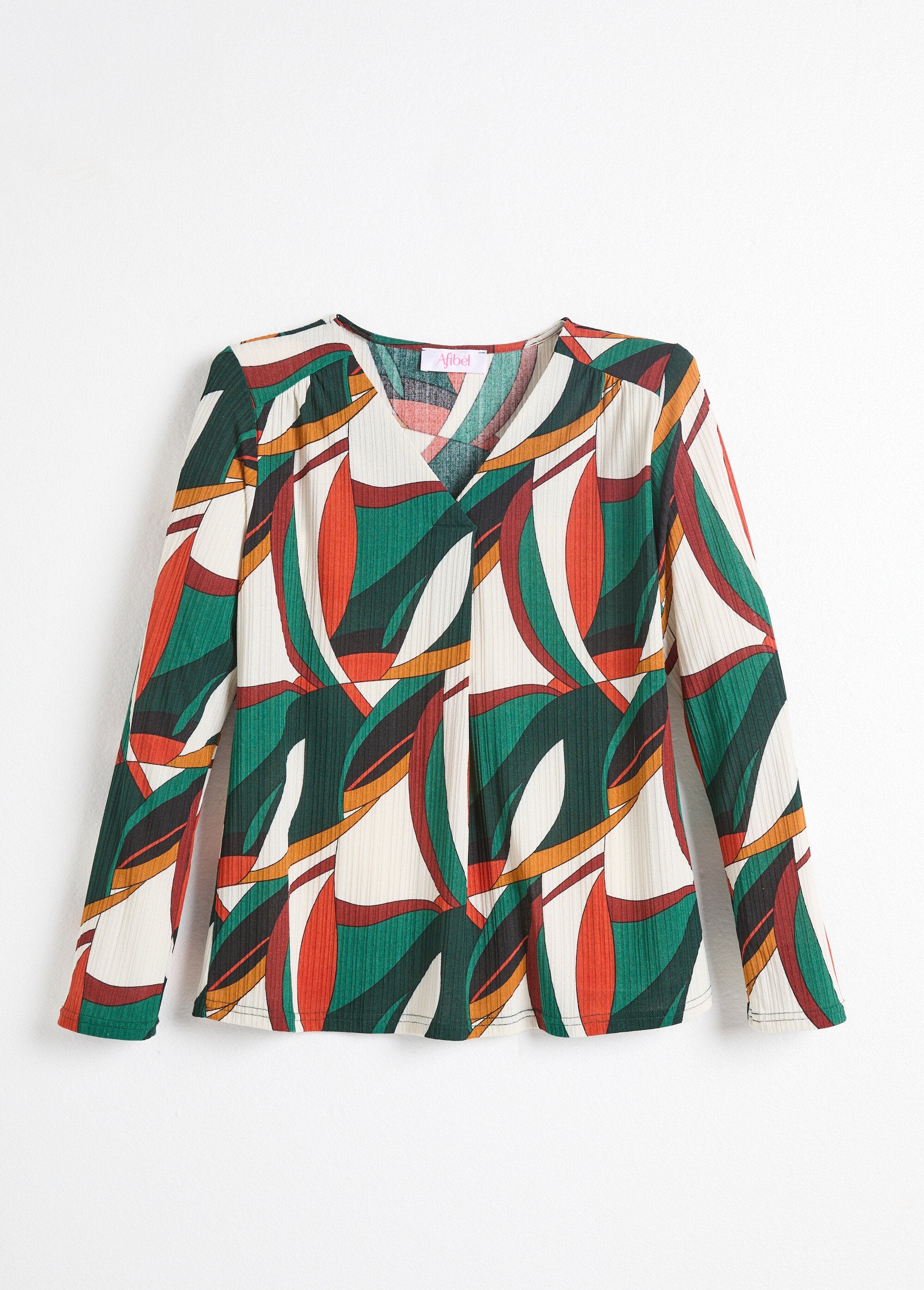 T-shirt_évasé_col_V_imprimé_graphique_multicolore_Imprime_vert_AP1_slim