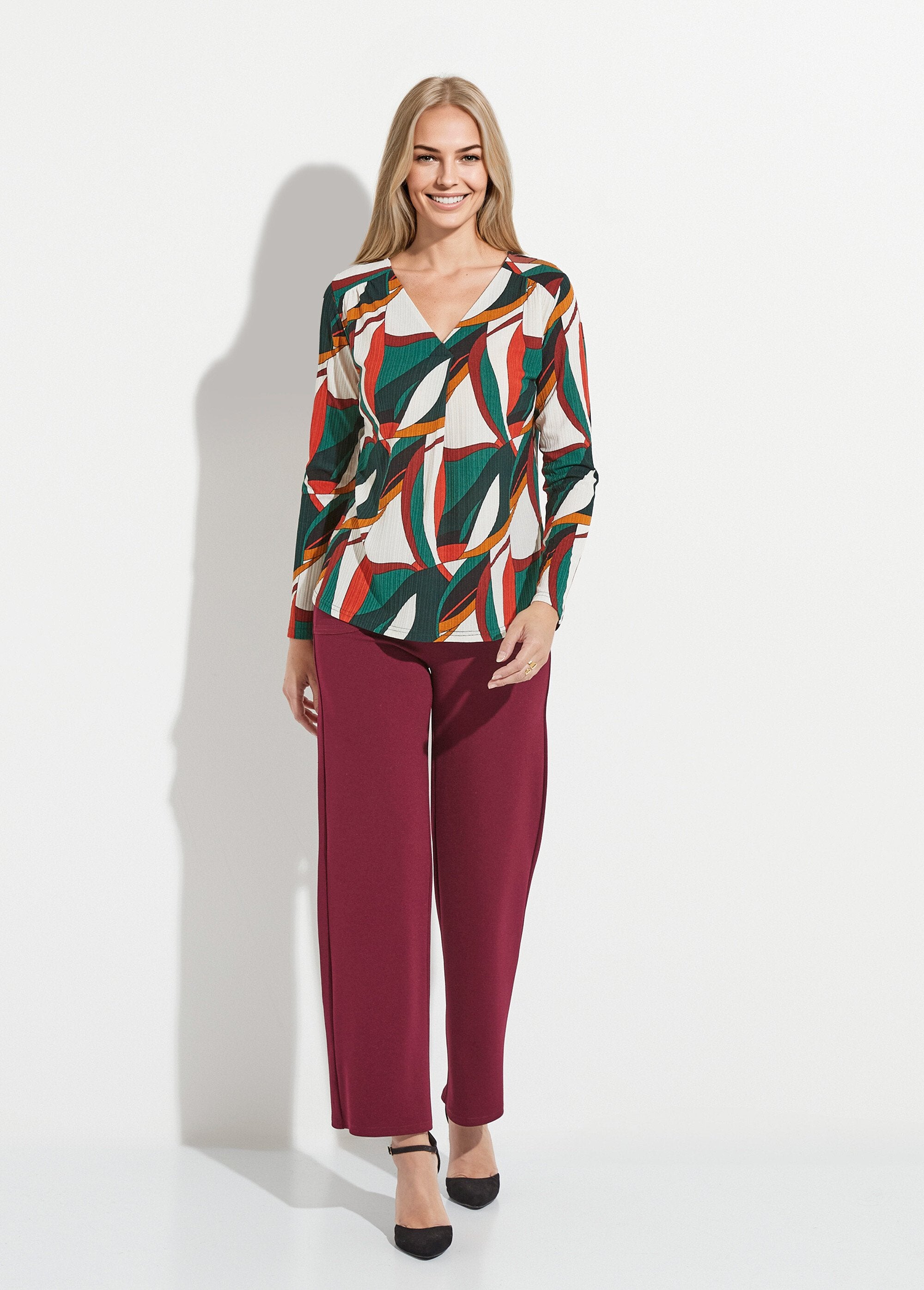 T-shirt_évasé_col_V_imprimé_graphique_multicolore_Imprime_vert_SF1_slim