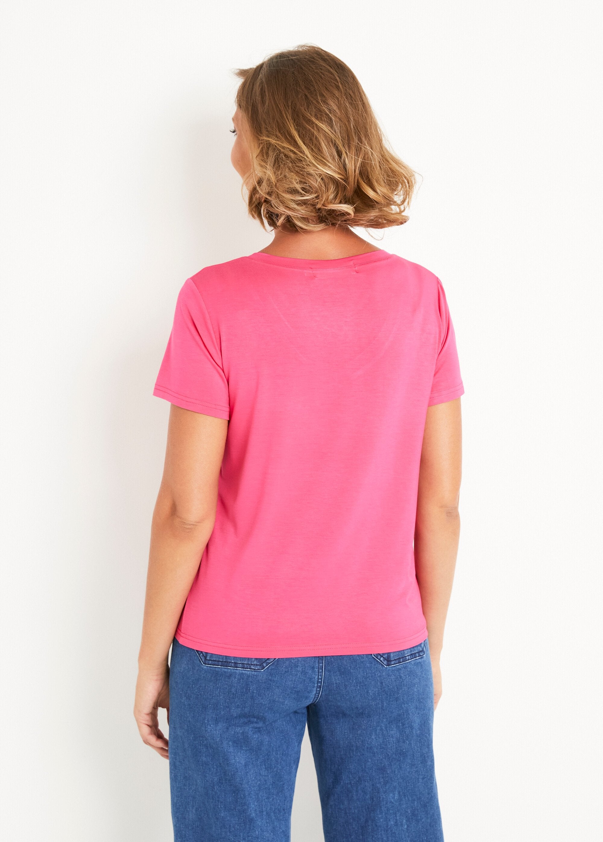 Vloeiend_V-hals_T-shirt_met_korte_mouwen_Fuchsia_DO1_slim