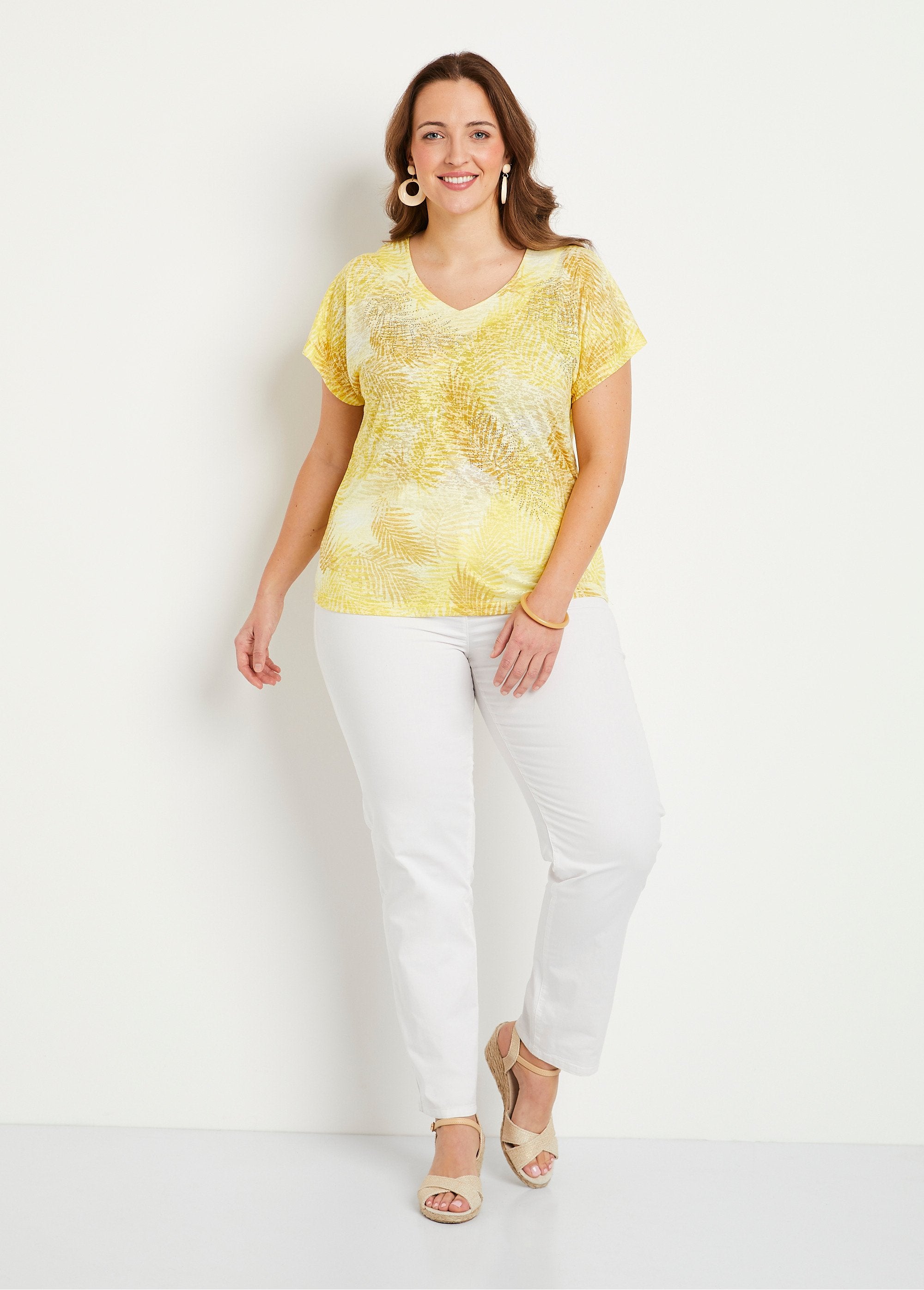T-shirt_imprimé_court_maille_dévorée_Jaune_SF1_curvy