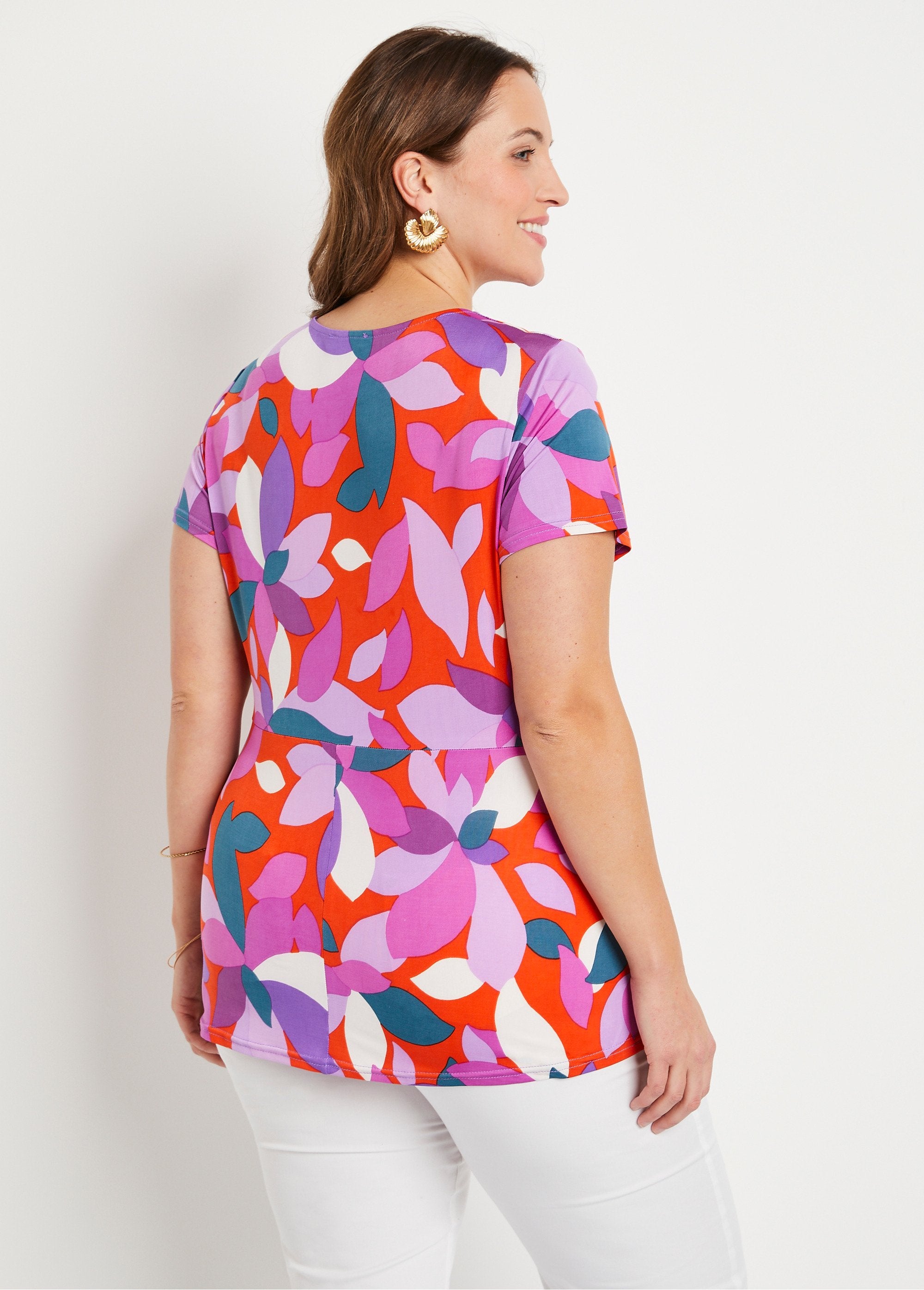 T-shirt_long_évasé_drapé_imprimé_Orange_et_violet_DO1_curvy