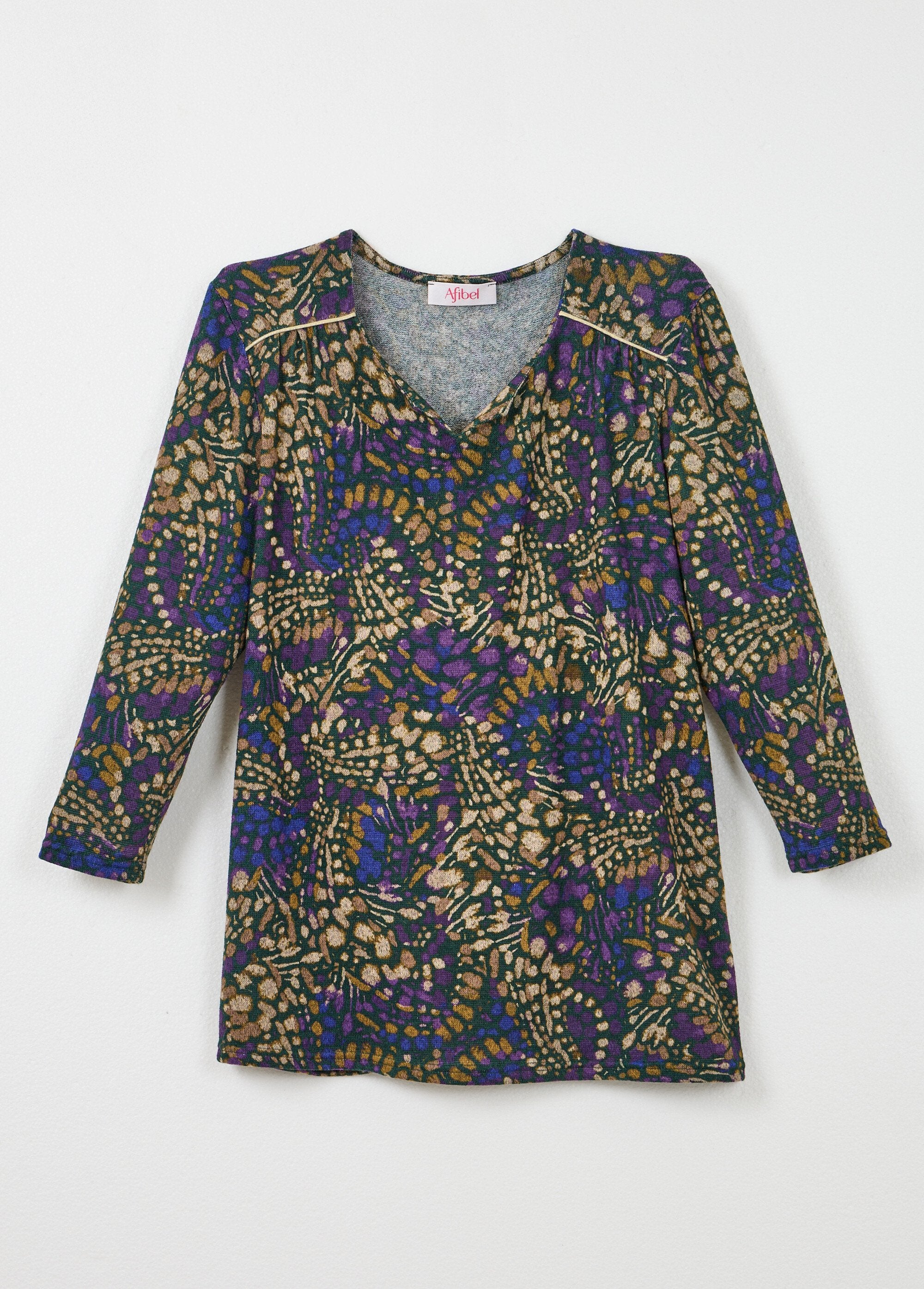 T-shirt_long_évasé_manches_3/4_imprimé_tachiste_Violet_et_beige_AP1_slim