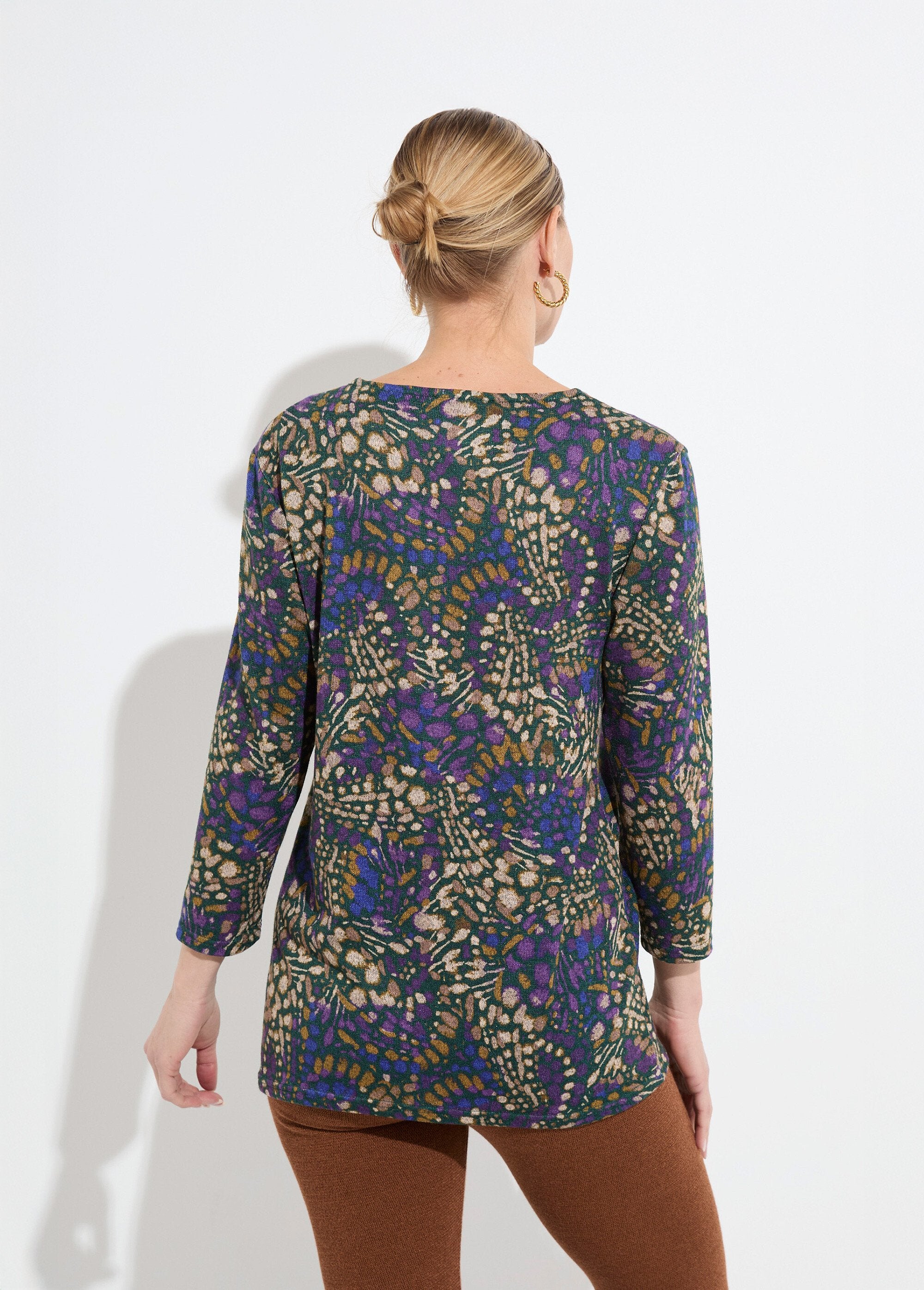 T-shirt_long_évasé_manches_3/4_imprimé_tachiste_Violet_et_beige_DO1_slim