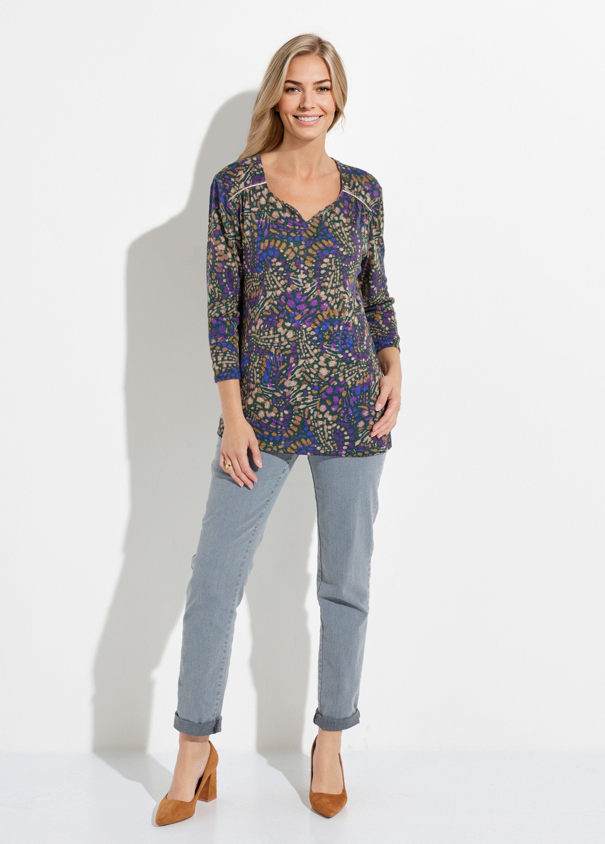 T-shirt_long_évasé_manches_3/4_imprimé_tachiste_Violet_et_beige_SF1_slim