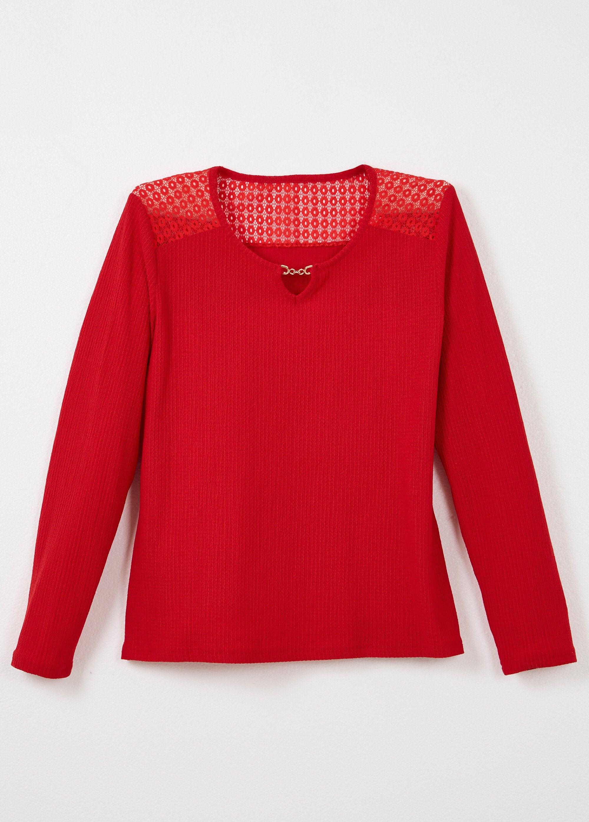 T-shirt_maille_gaufrée_dentelle_encolure_bijou_Rouge_AP1_slim