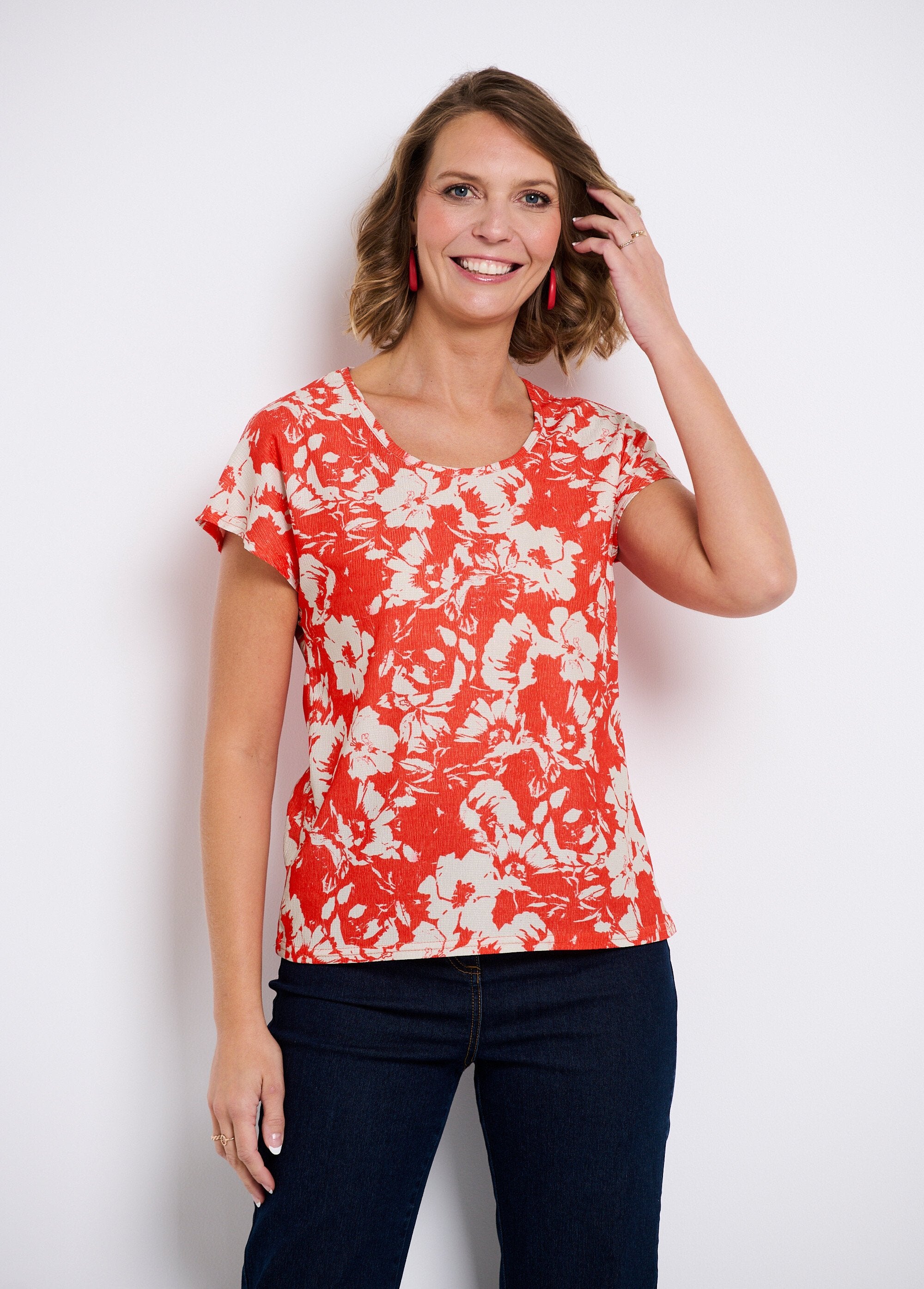 T-shirt_met_korte_mouwen,_effen_of_met_bloemenprint_Rouge_et_beige_FA2_slim