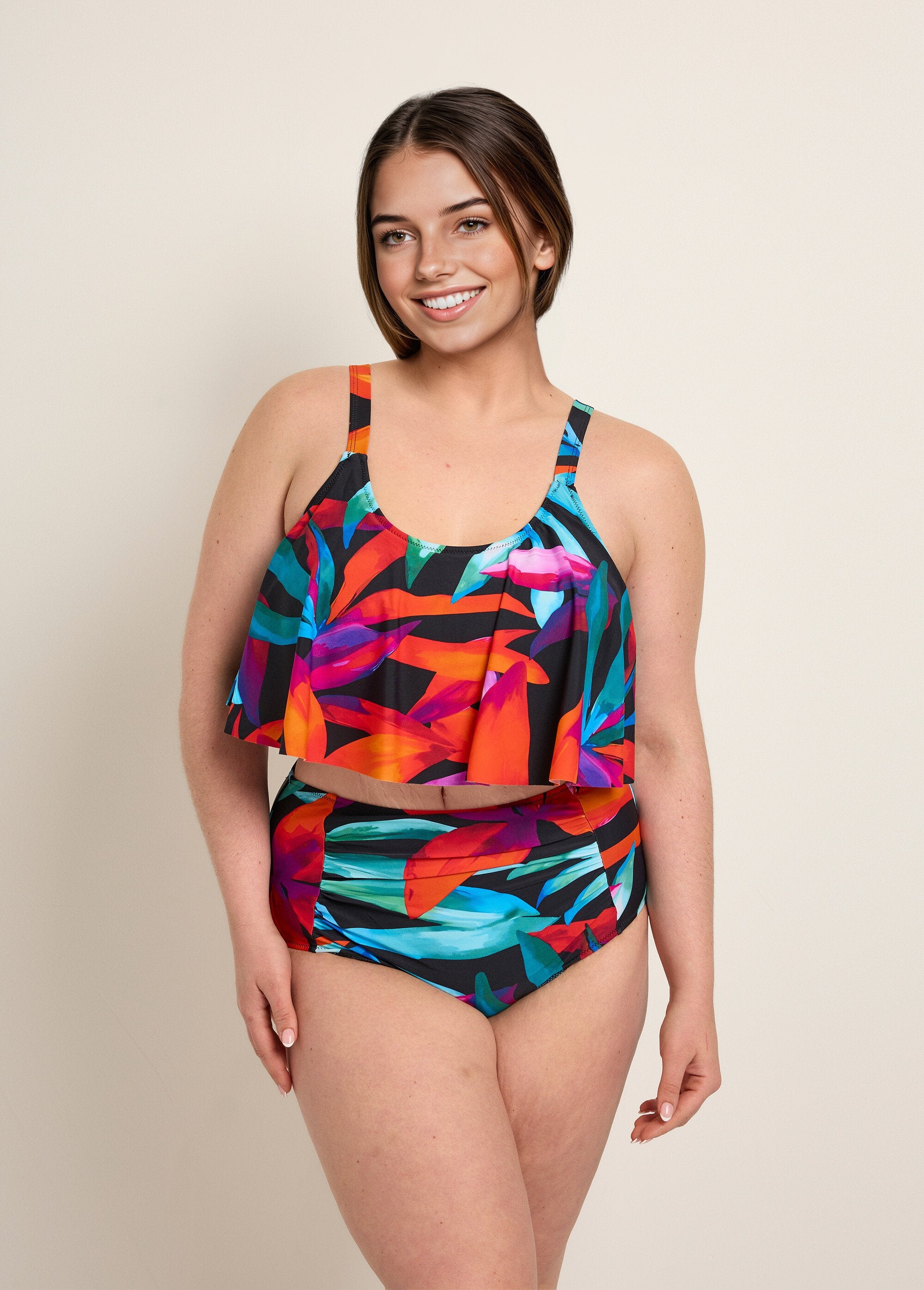 2-delige_tankini_met_ruches,_bladeren_Noir_multicolore_FA1_curvy