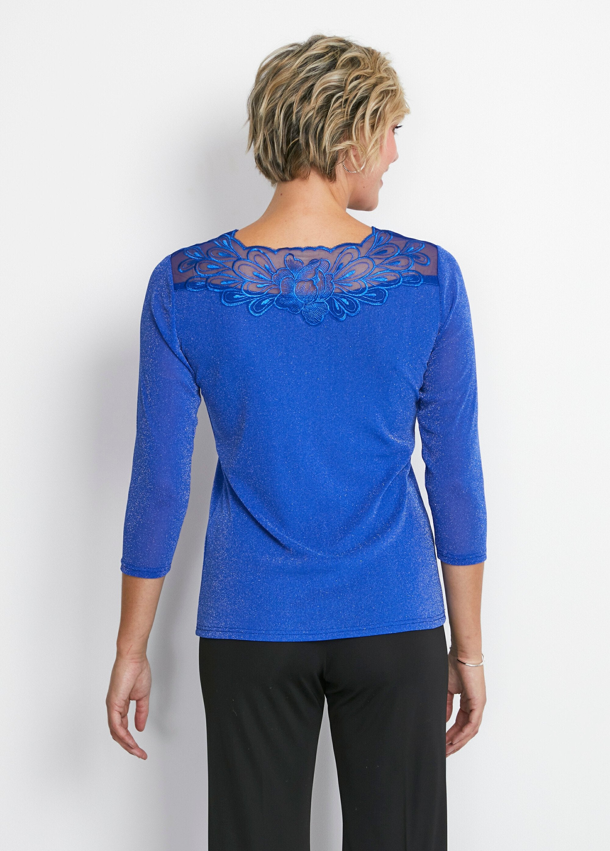 T-shirt_manches_3/4_brodé_brillant_Bleu_cobalt_DO1_slim