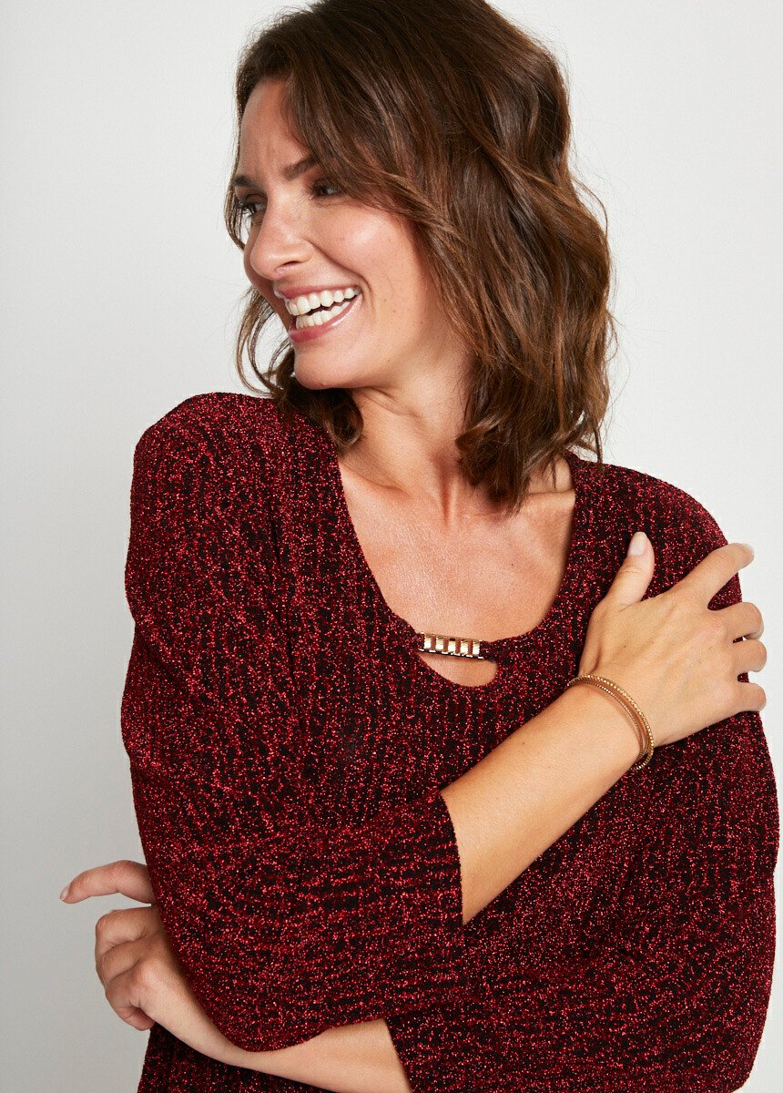 Tee-shirt_court_manches_3/4_pailleté_Rouge_DE1_slim