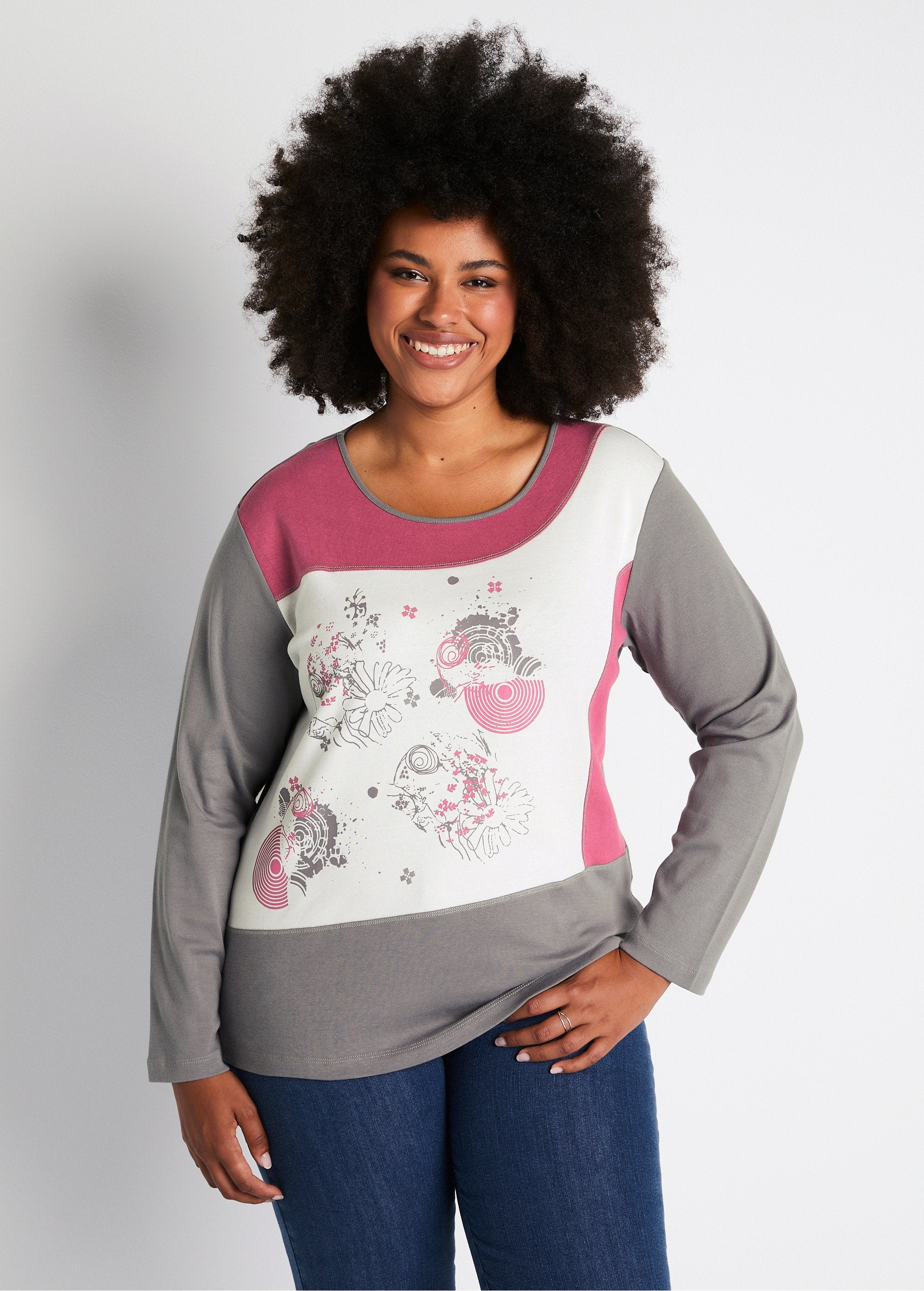 Tee-shirt_droit_à_motifs_coton_extensible_Ecru_et_prune_FA1_curvy