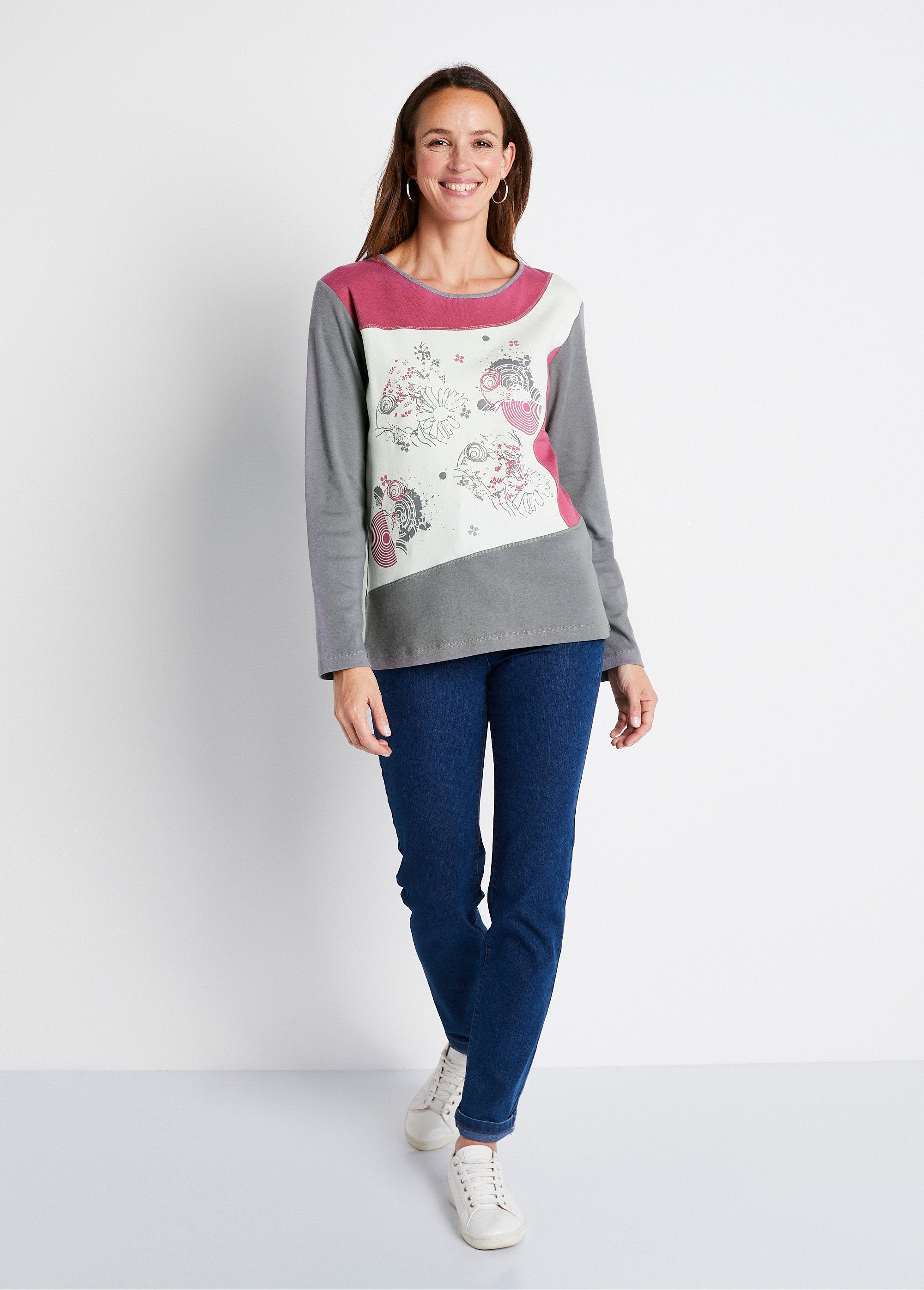 Tee-shirt_droit_à_motifs_coton_extensible_Ecru_et_prune_SF1_slim