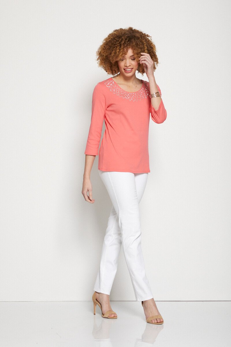 T-shirt_fantaisie_cloutée_manches_3/4_Corail_SF1_slim