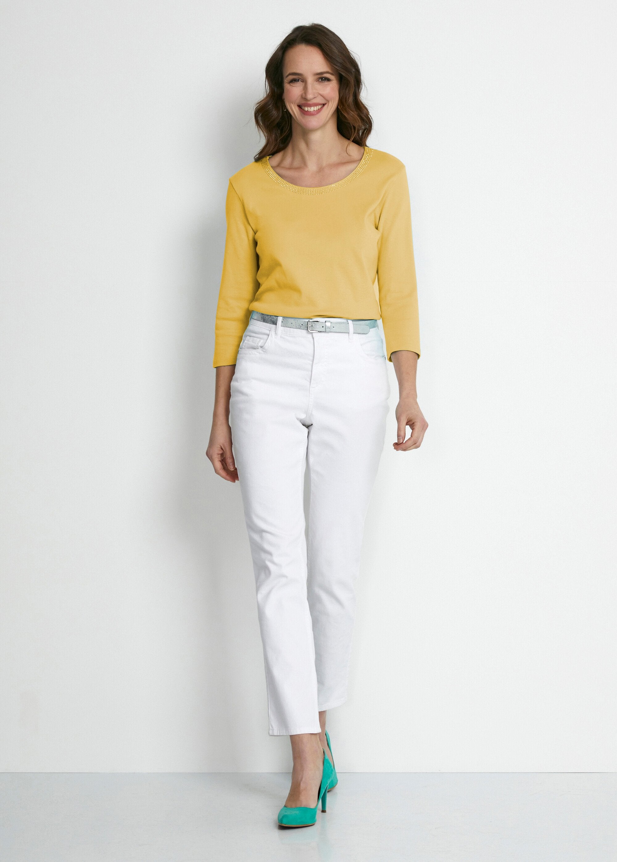 Tee-shirt_manches_3/4_fantaisie_cloutée_Jaune_SF1_slim