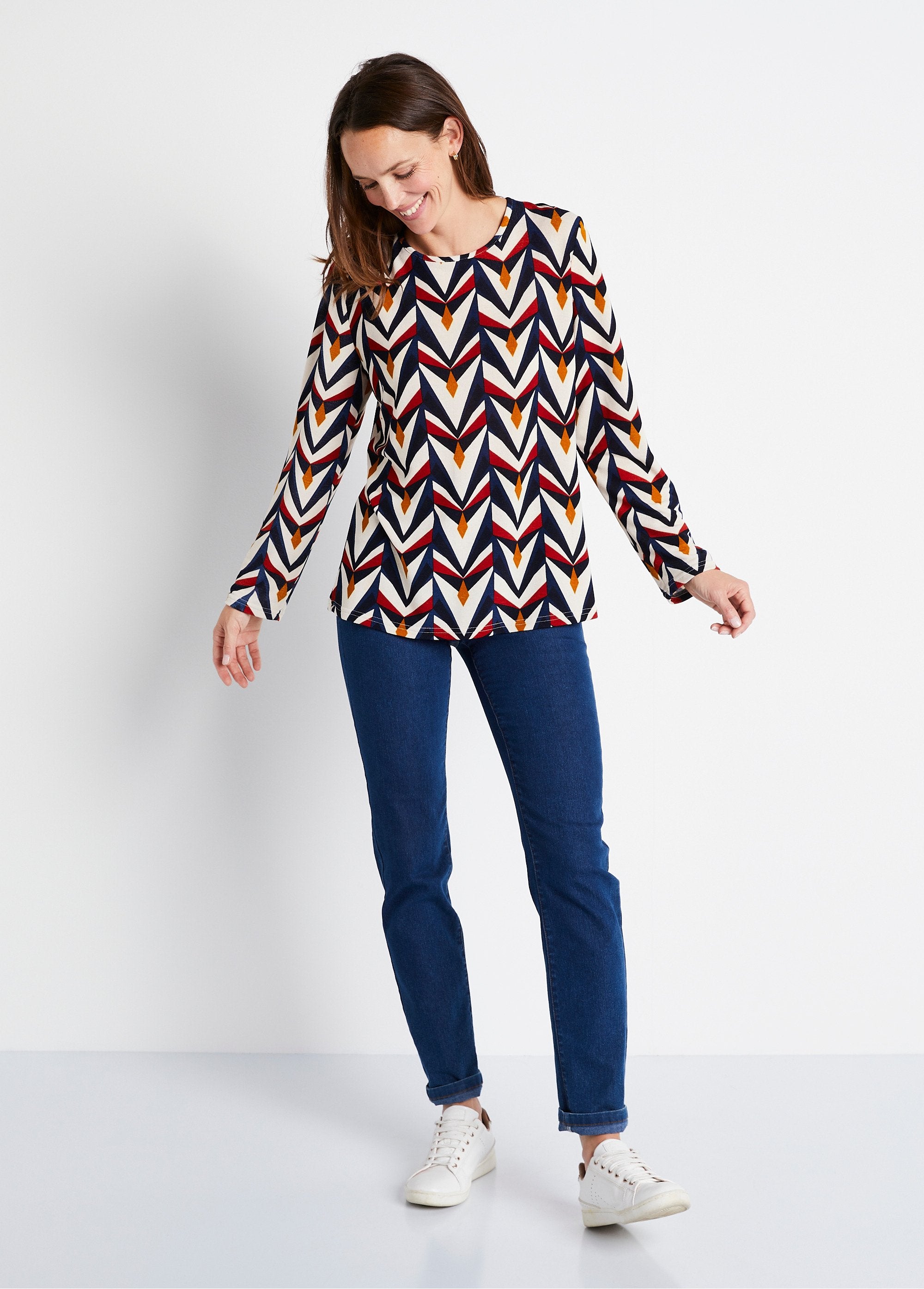 Tee-shirt_manches_longues_droit_imprimé_Ecru_et_marine_SF1_slim