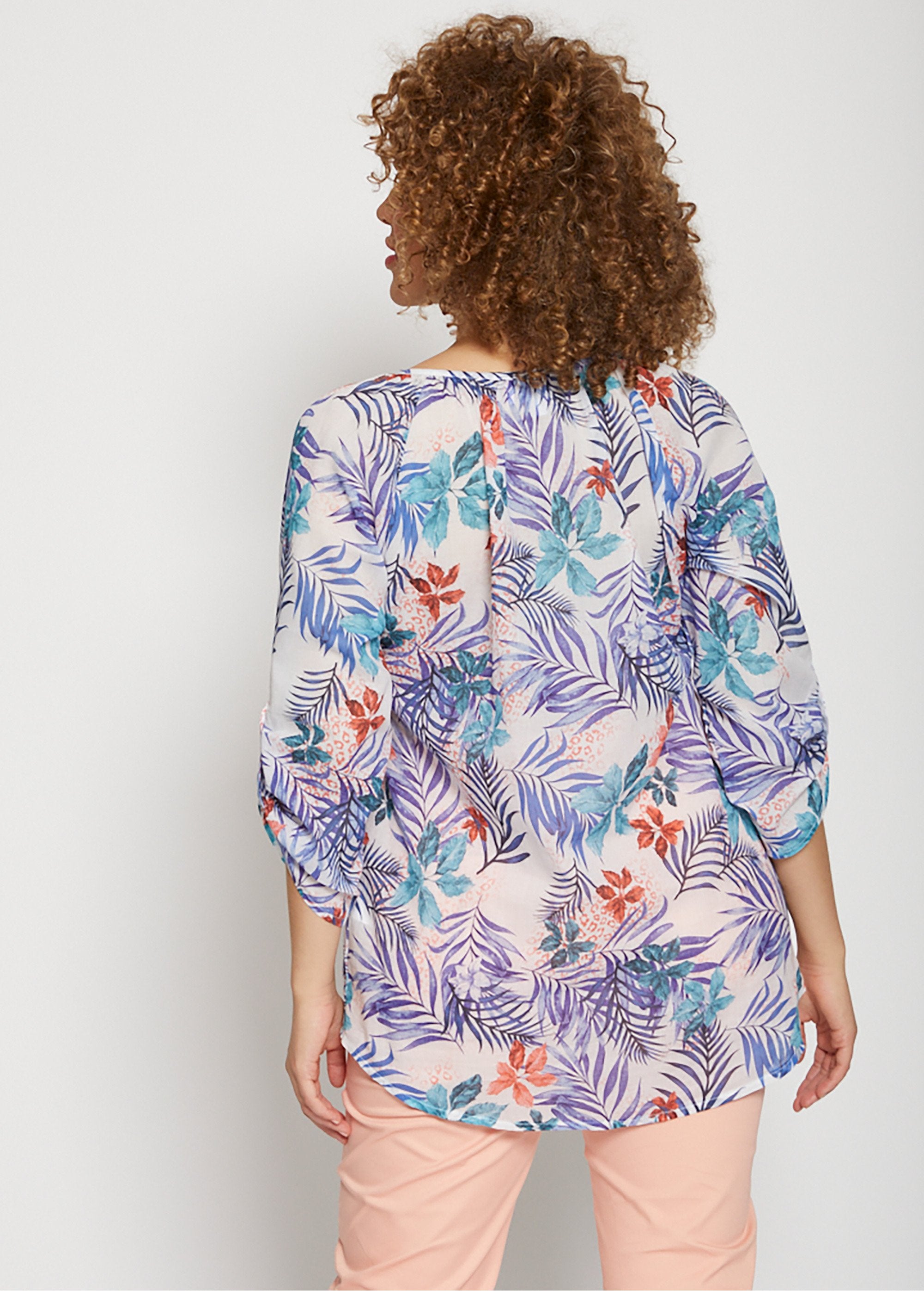 Tunique_ample_longue_manches_3/4_Bleu_et_corail_DO1_curvy