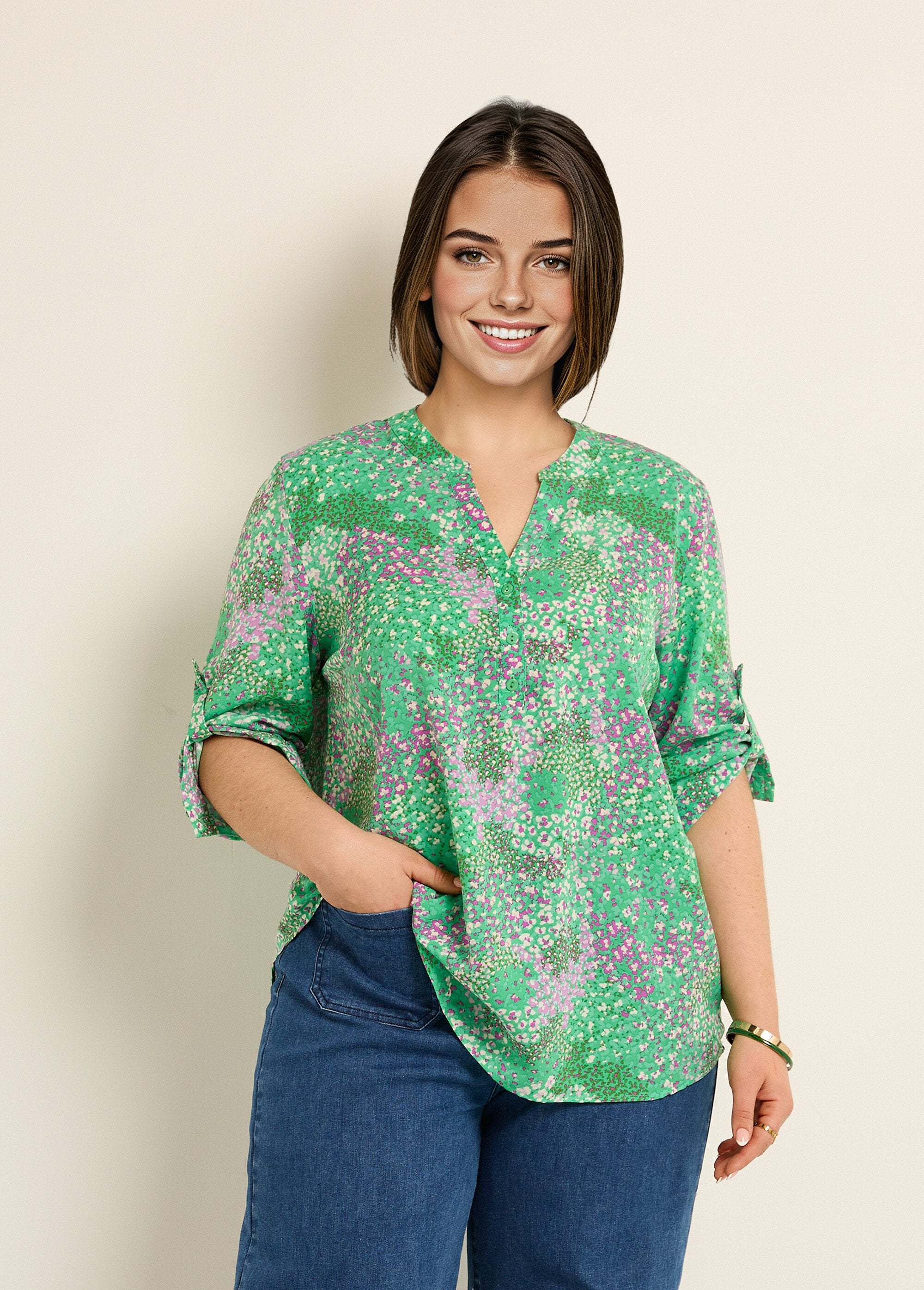 Tunique_col_V_fleurie_manches_longues_Vert_imprime_FA1_curvy