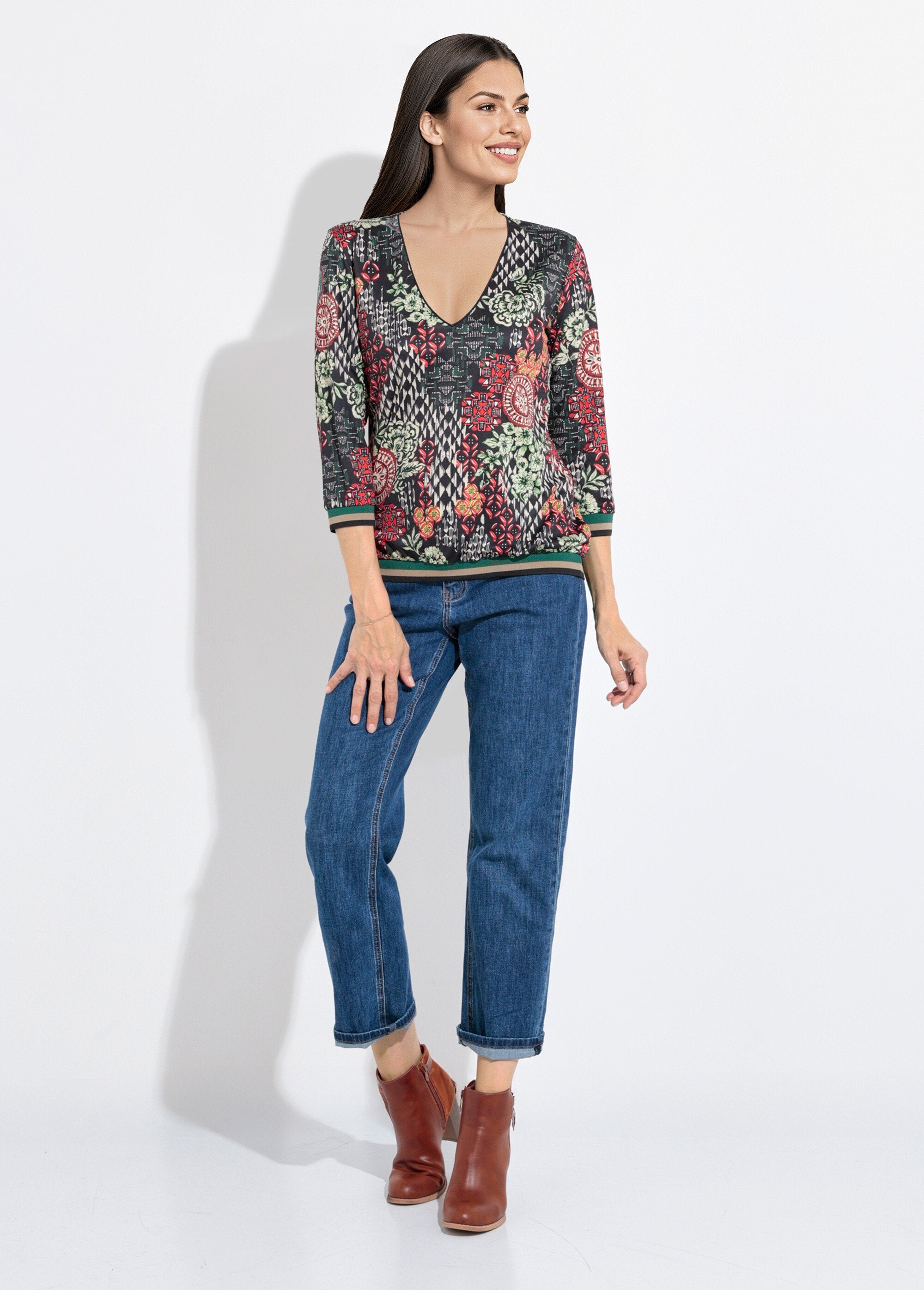 Tunique_col_V_patchwork_détails_bord_côtes_Vert_et_orange_SF1_slim