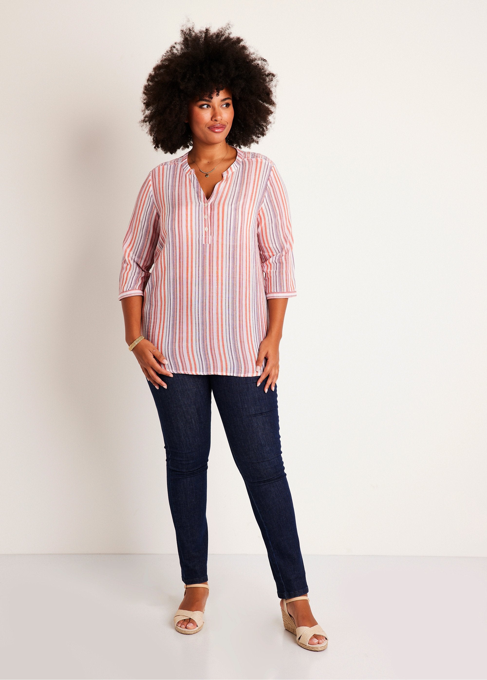 Tunique_droite_longue_rayée_brillant_Rose_SF1_curvy