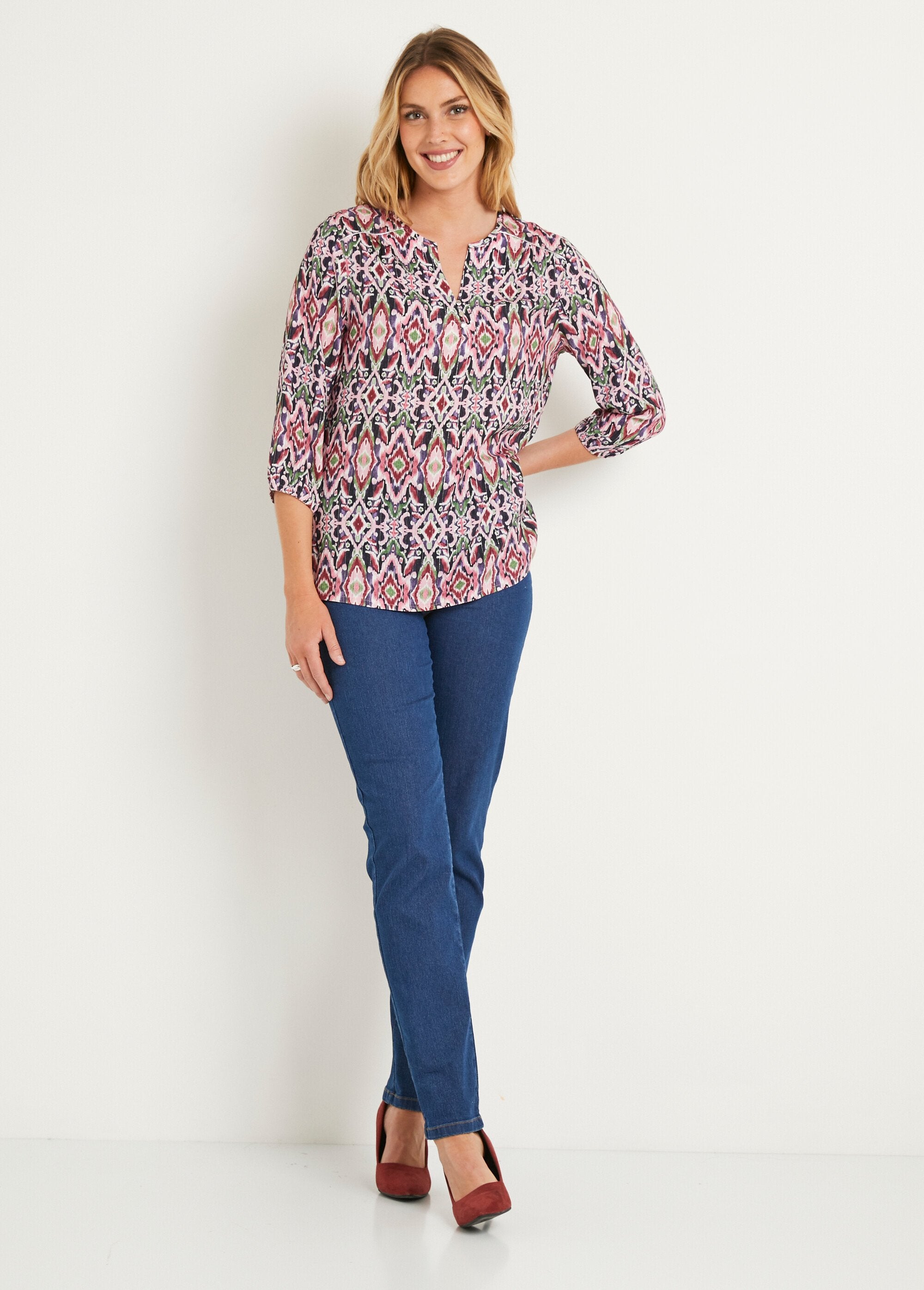 Tunique_longue_ample_boutonnée_manches_3/4_Rose_et_violet_SF1_slim