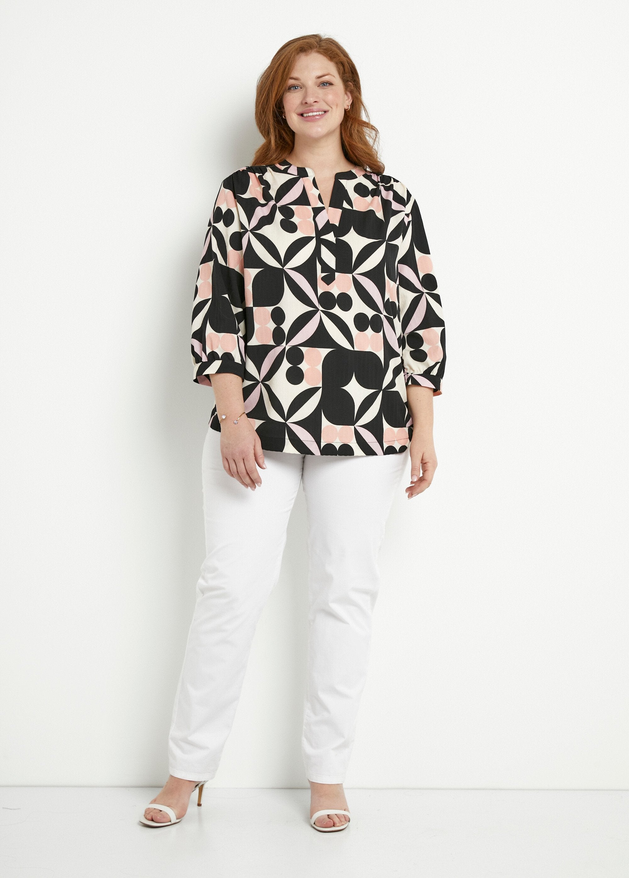 Tunique_longue_manches_3/4_motif_graphique_Noir_et_rose_SF1_curvy
