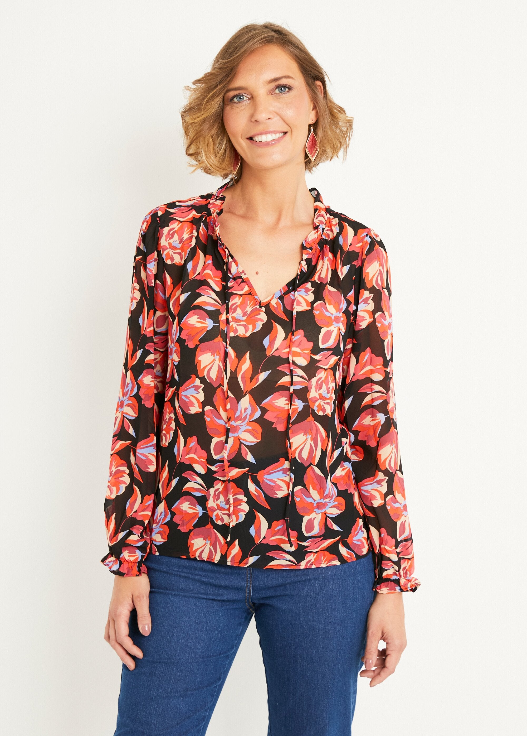 Tunique_voile_imprimé_fleurs_liens_col_V_Noir_imprime_FA1_slim