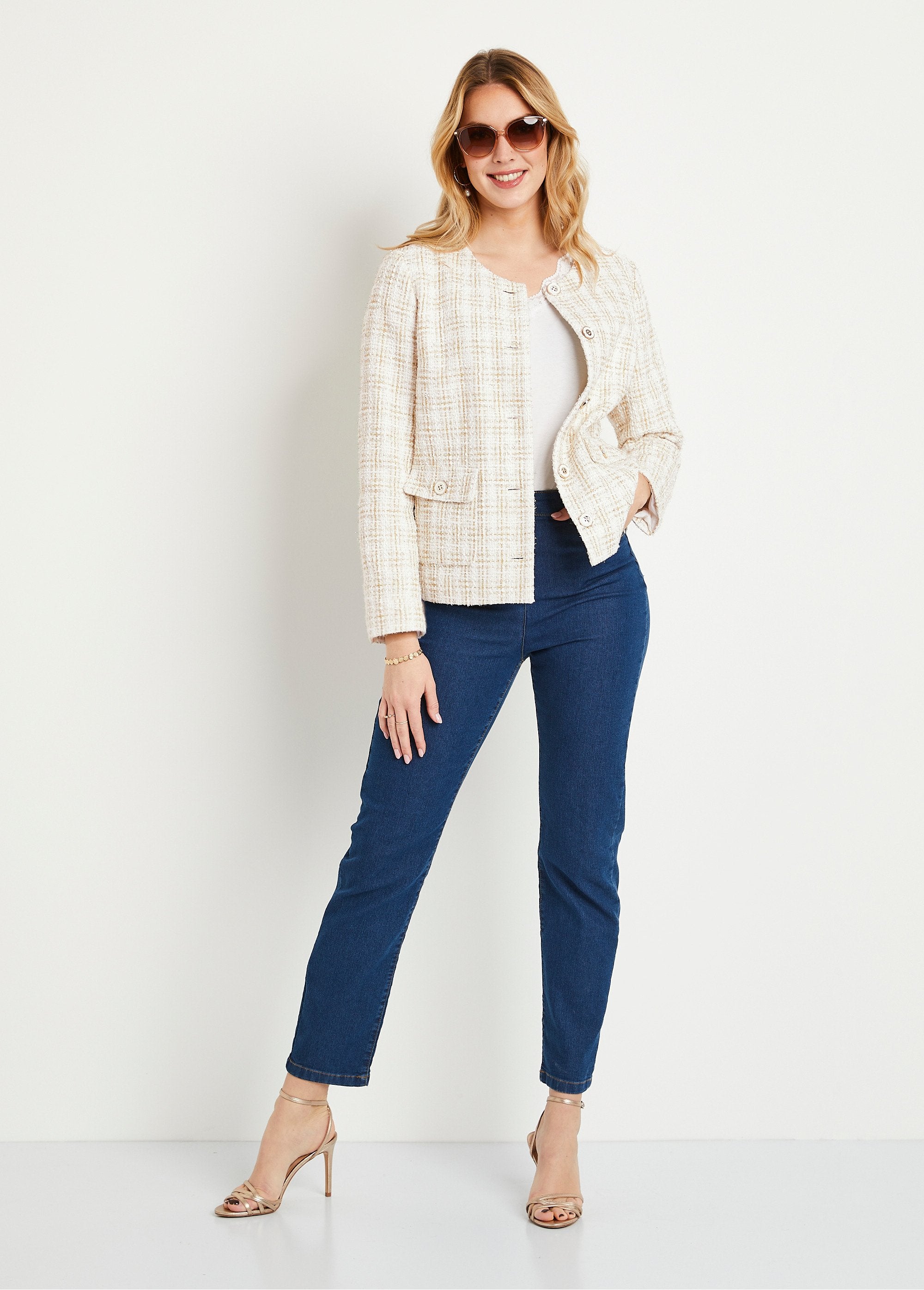 Veste_courte_sans_col_tissu_effet_tweed_Naturel_et_dore_SF1_slim