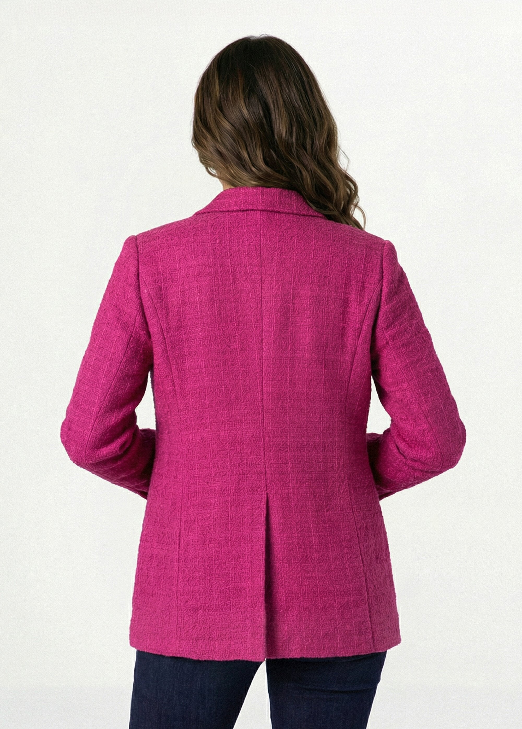 Veste_droite_boutonnée_tissu_natté_col_tailleur_Fuchsia_DO1_slim