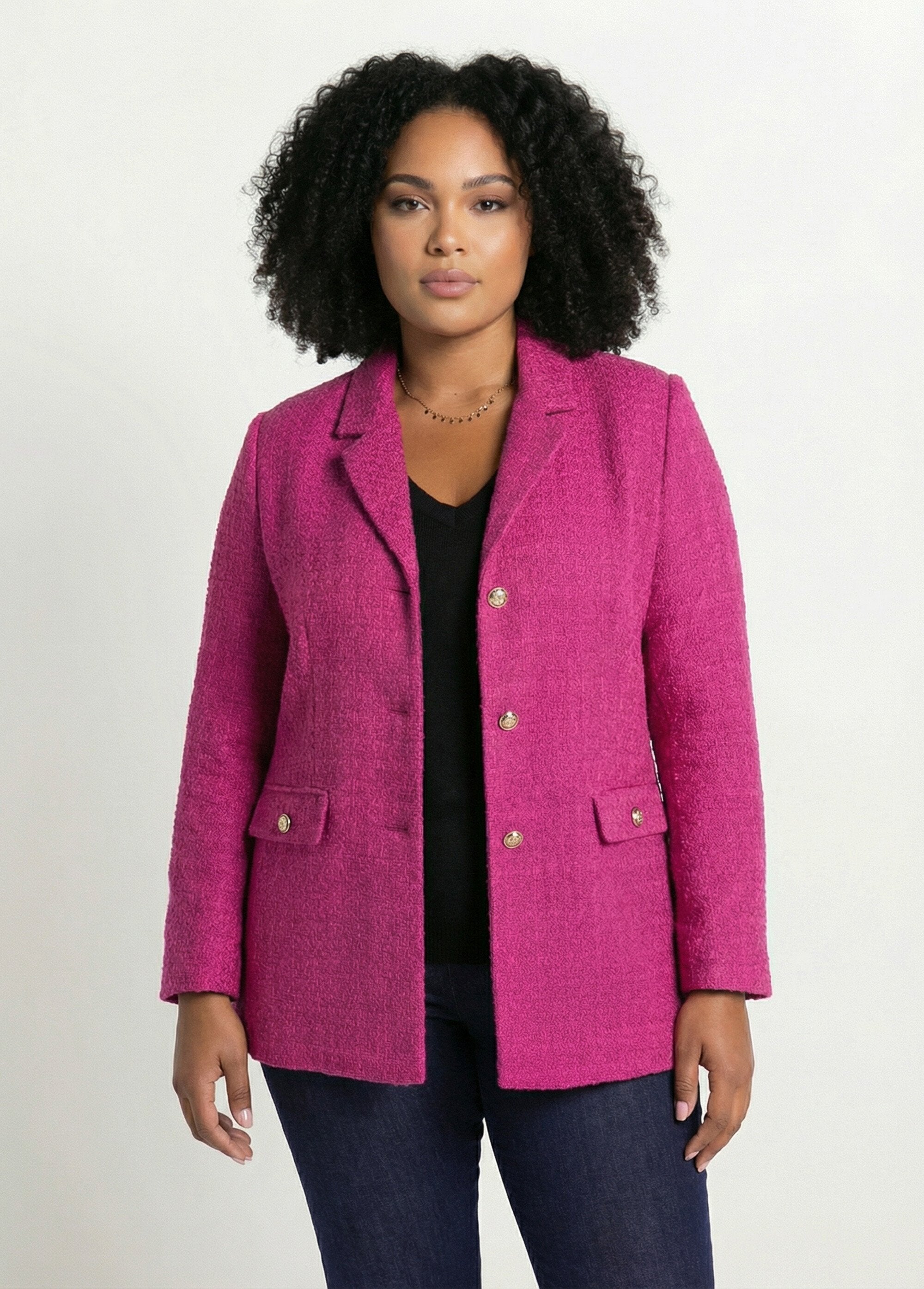 Veste_droite_boutonnée_tissu_natté_col_tailleur_Fuchsia_FA1_curvy