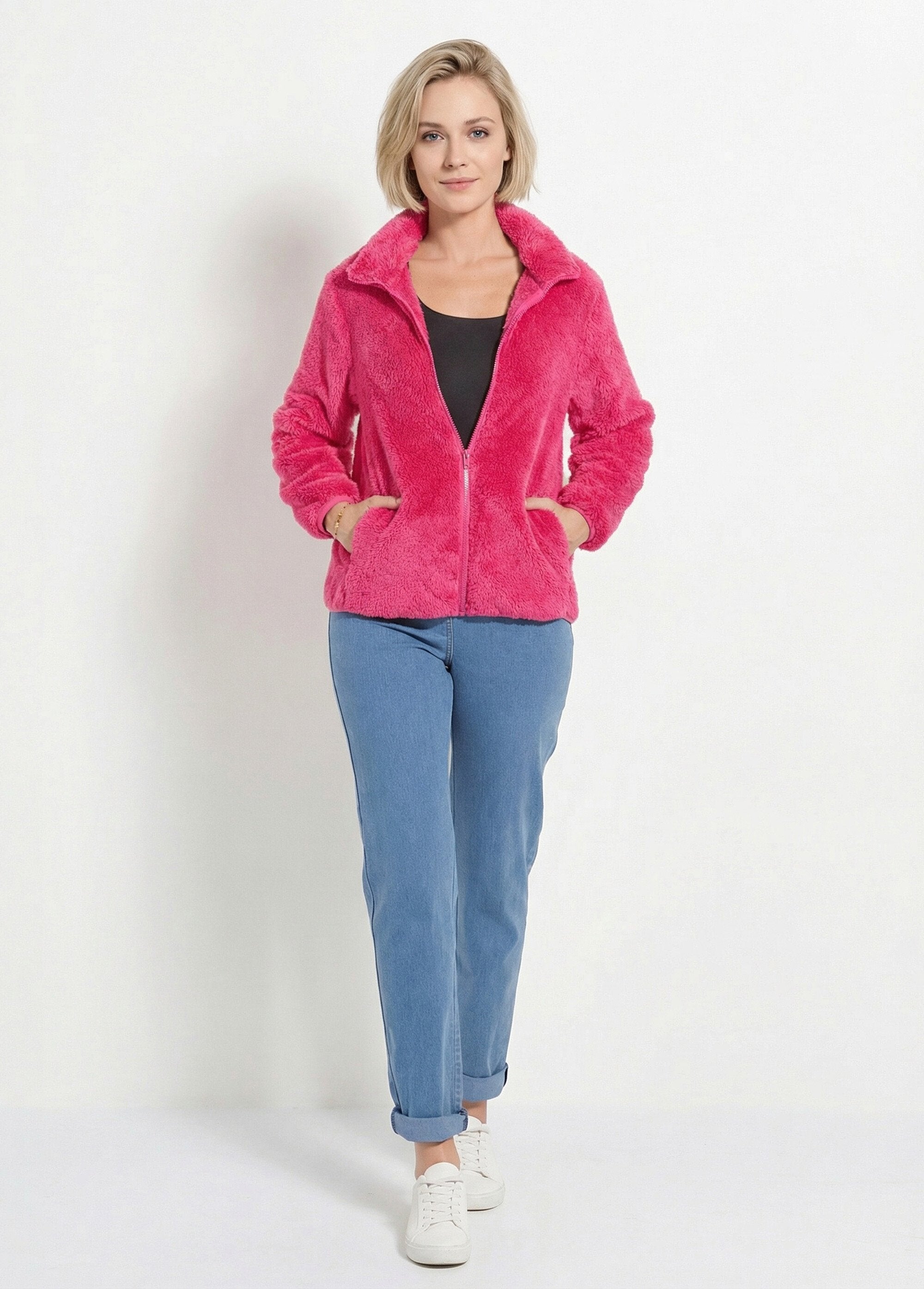 Veste_fausse_fourrure_col_montant_manches_longues_Fuchsia_SF1_slim