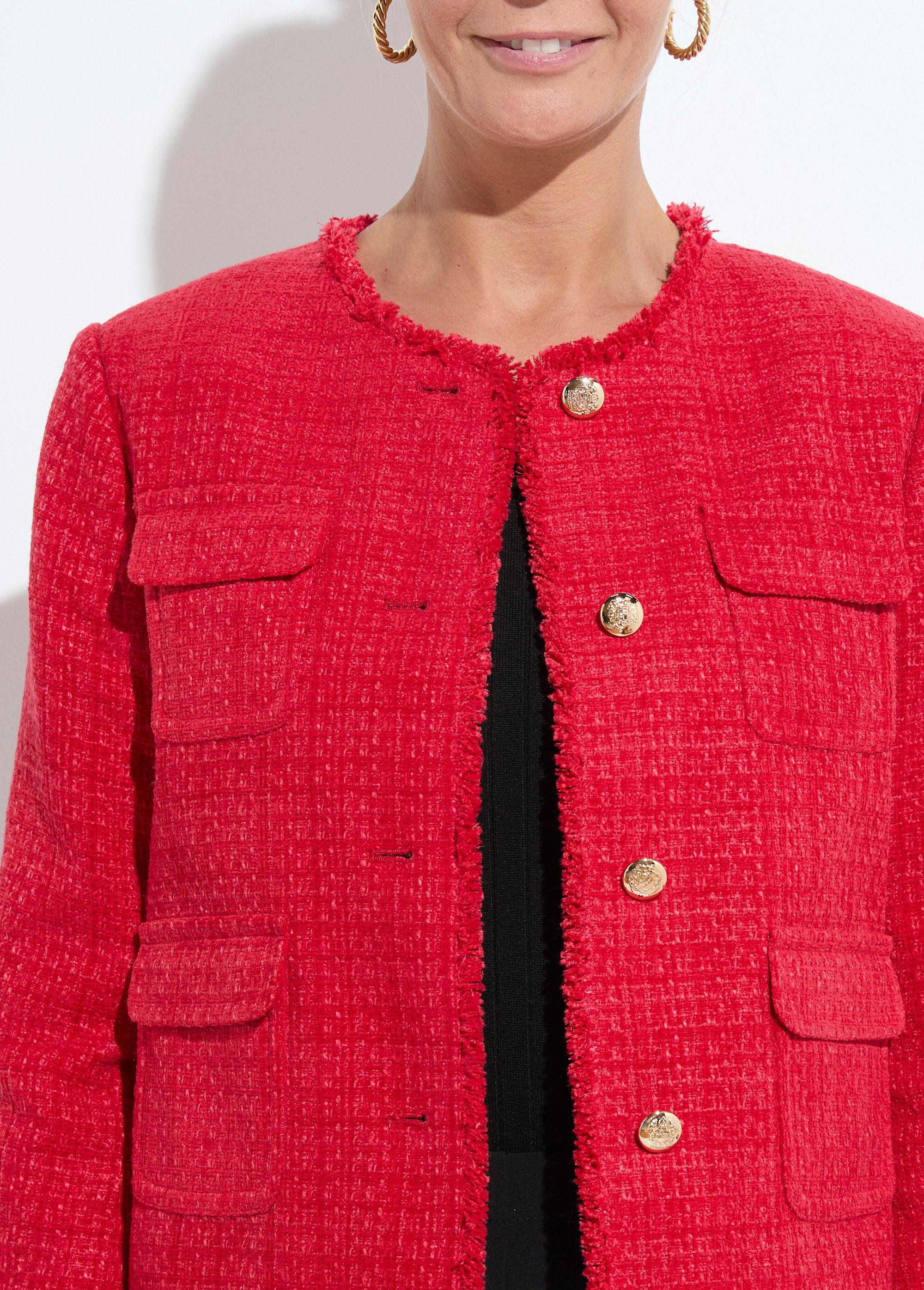 Veste_tweed_boutonnée_frangée_sans_col_Rouge_DE1_slim