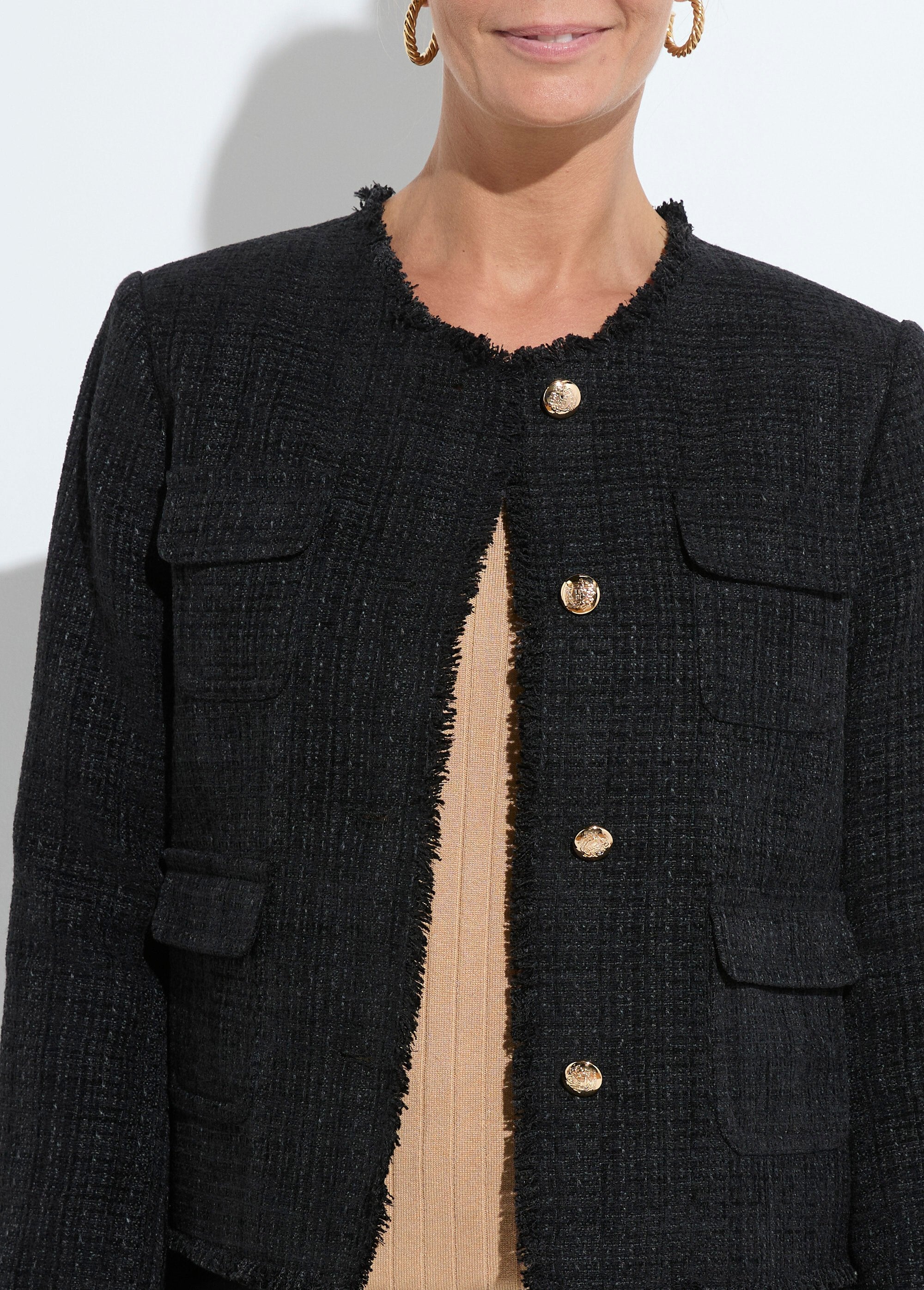 Veste_tweed_boutonnée_frangée_sans_col_Noir_DE1_slim