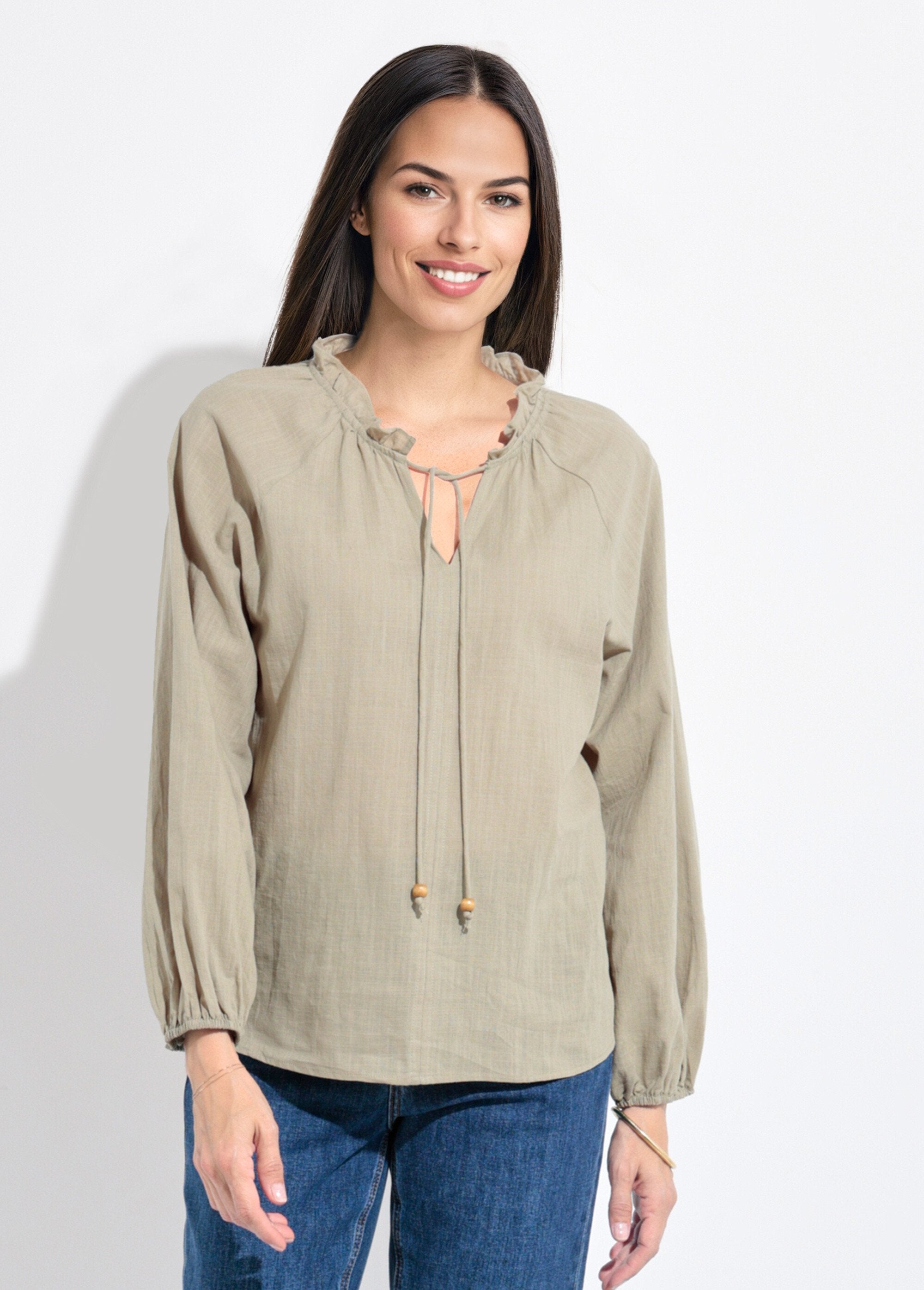 Losvallende_blouse_met_V-hals_en_striksluiting_Kaki_FA1_slim