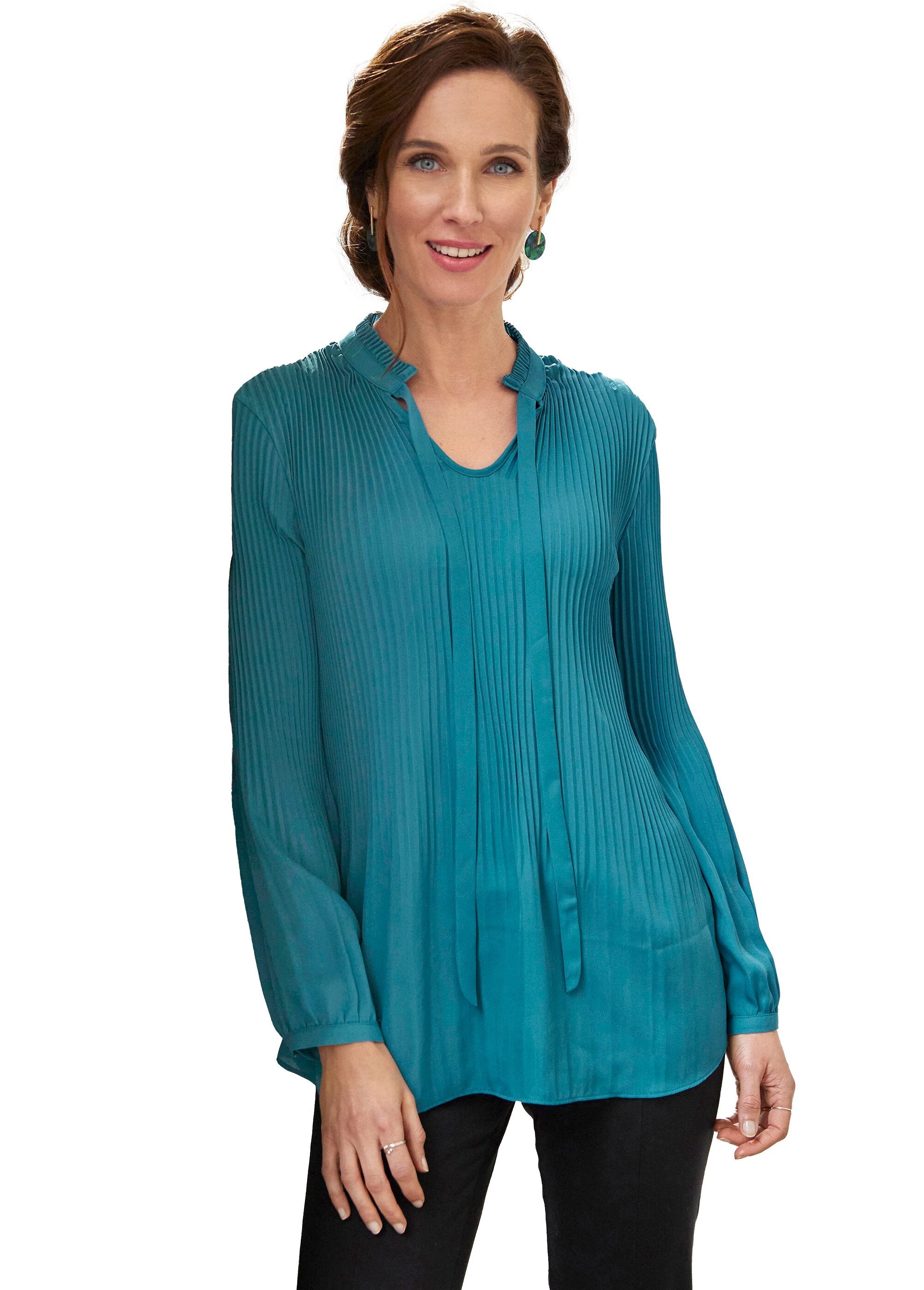 Blouse_plissée_col_froufrou_Bleu_canard_FA1_slim