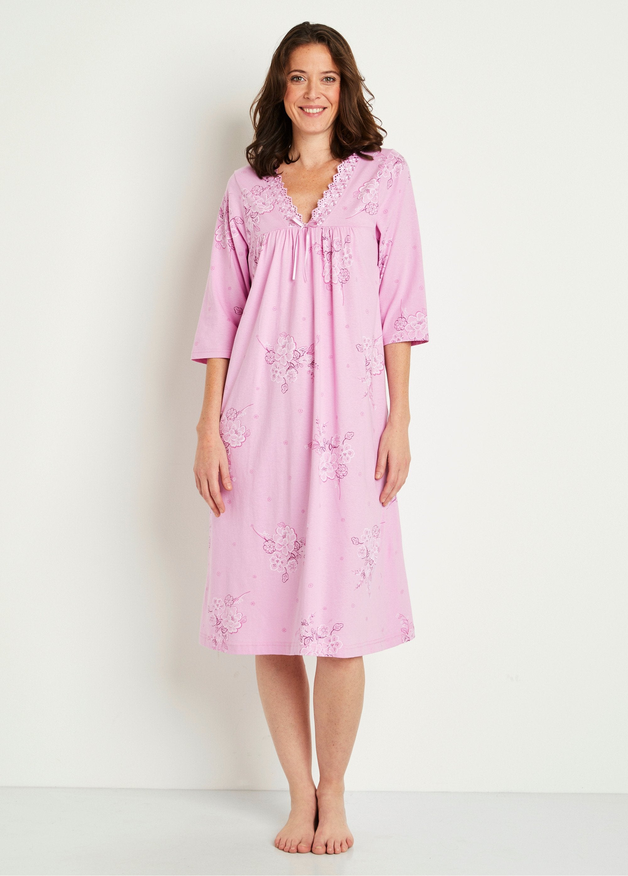 Chemise_de_nuit_mi_longue_coton_brodé_manches_3/4_Vieux_rose_FA1_slim