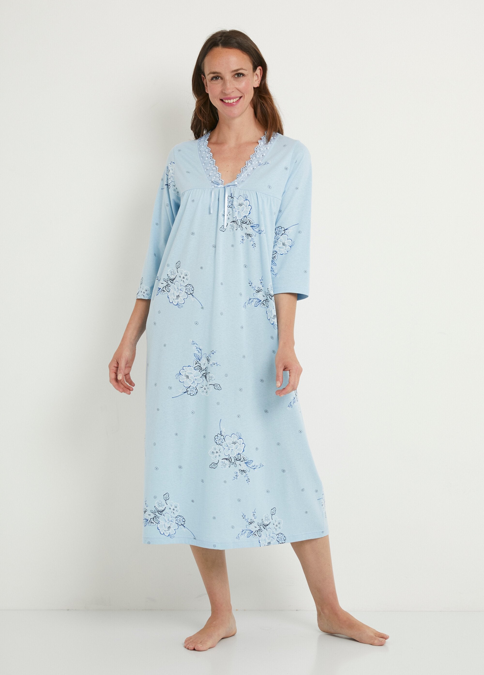 3/4-sleeve_embroidered_cotton_mid-length_nightdress_Blue_FA1_slim