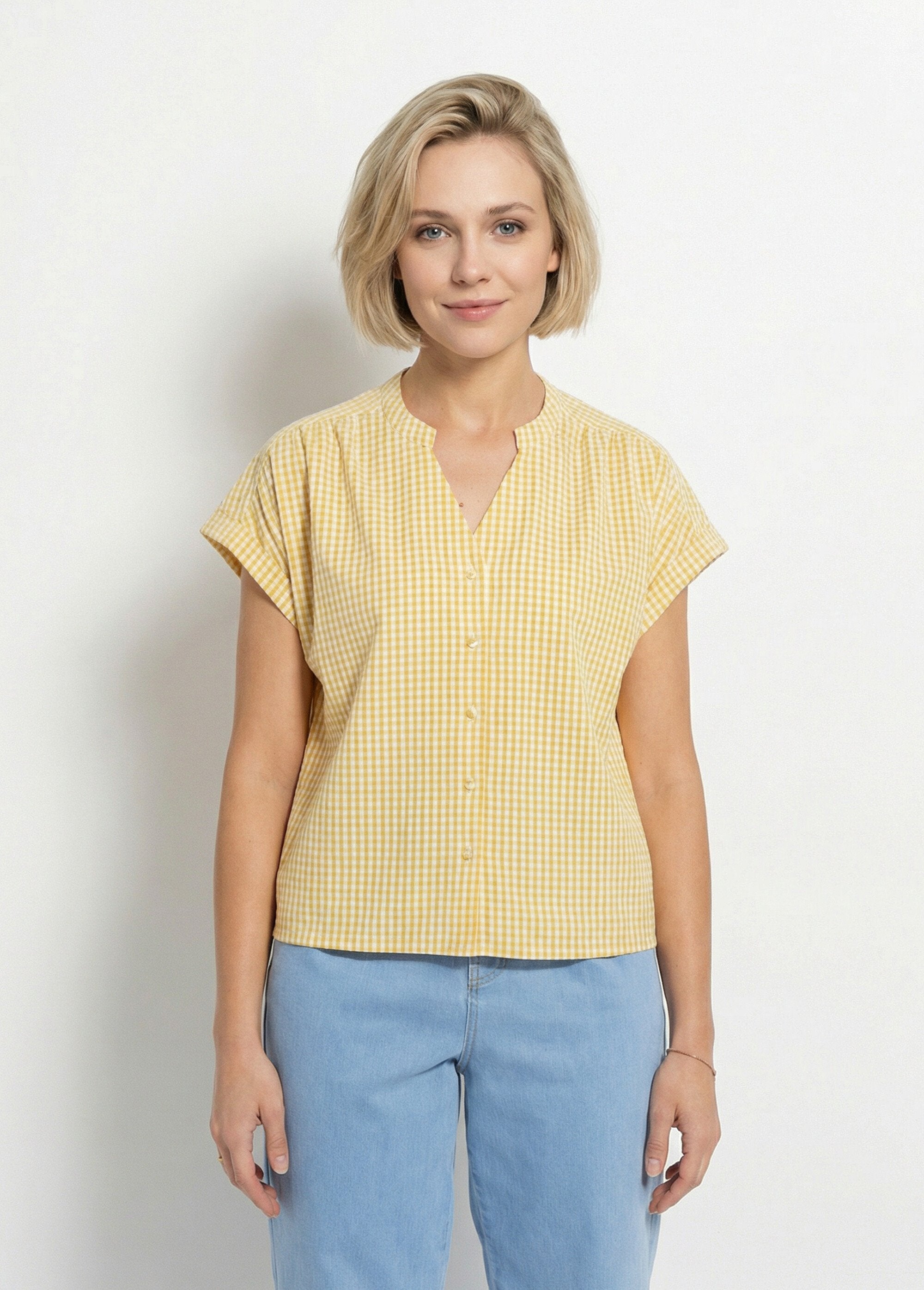 Geruite_kimonoblouse_met_korte_mouwen_Blanc_et_jaune_FA1_slim