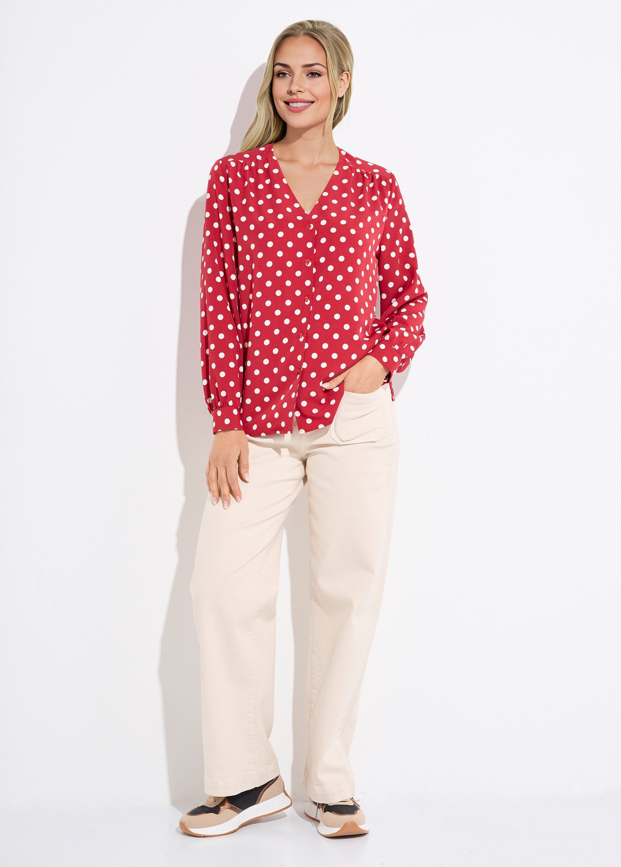V-hals_blouse_met_lange_mouwen_en_stippenprint_Bordeaux_et_ecru_SF1_slim
