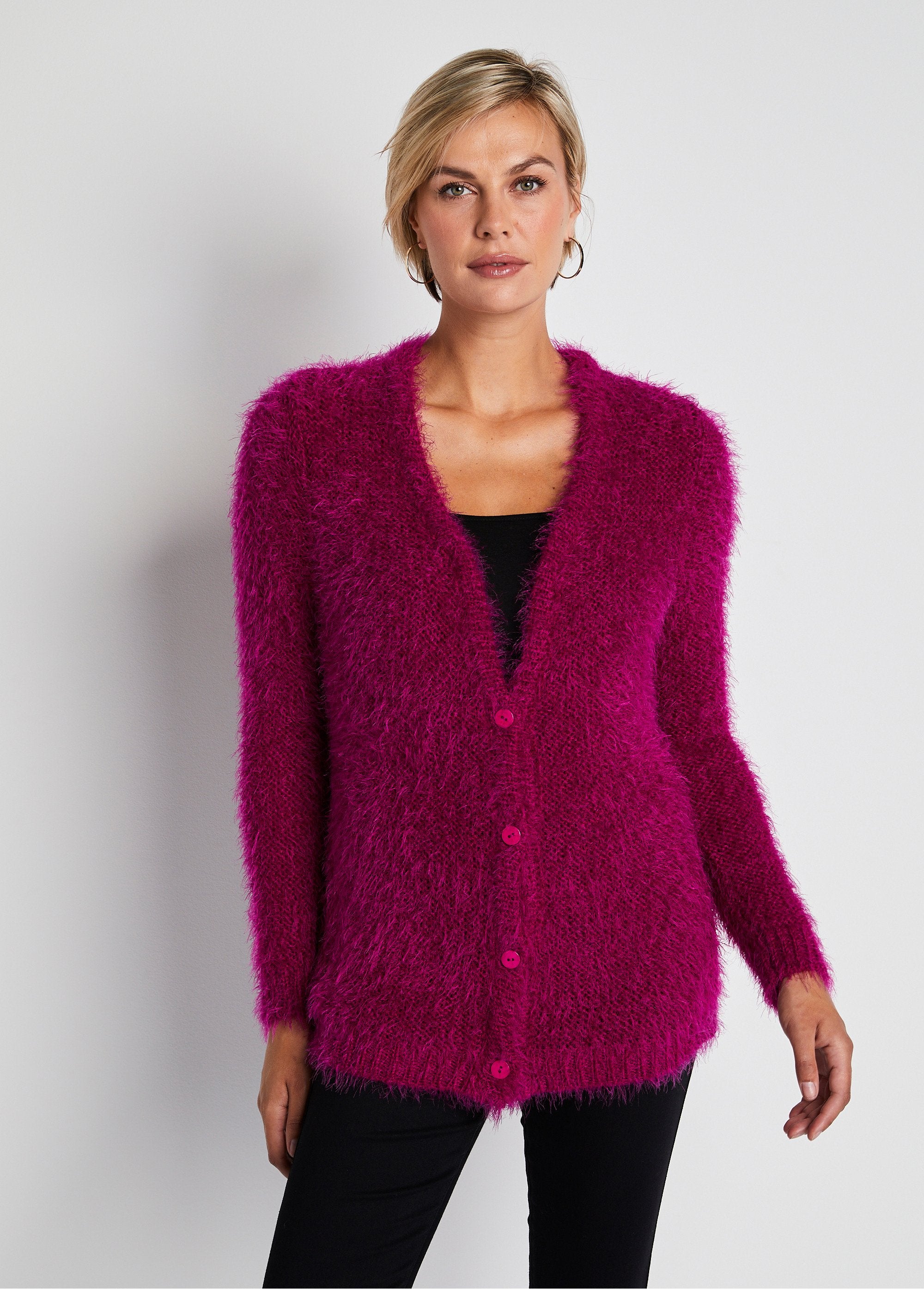 Gilet_boutonné_mi-long_maille_douce_Fuchsia_FA1_slim