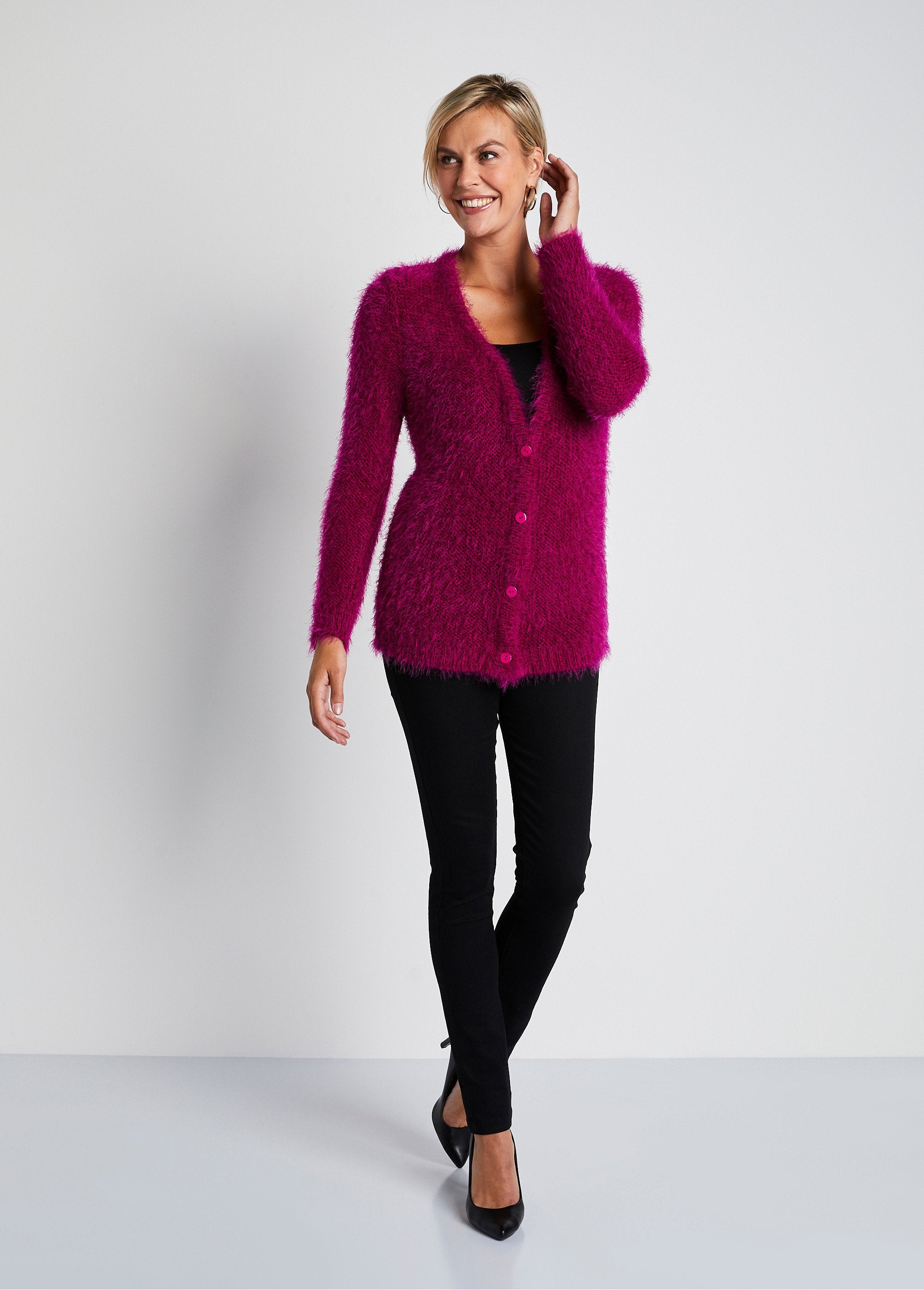 Gilet_boutonné_mi-long_maille_douce_Fuchsia_SF1_slim